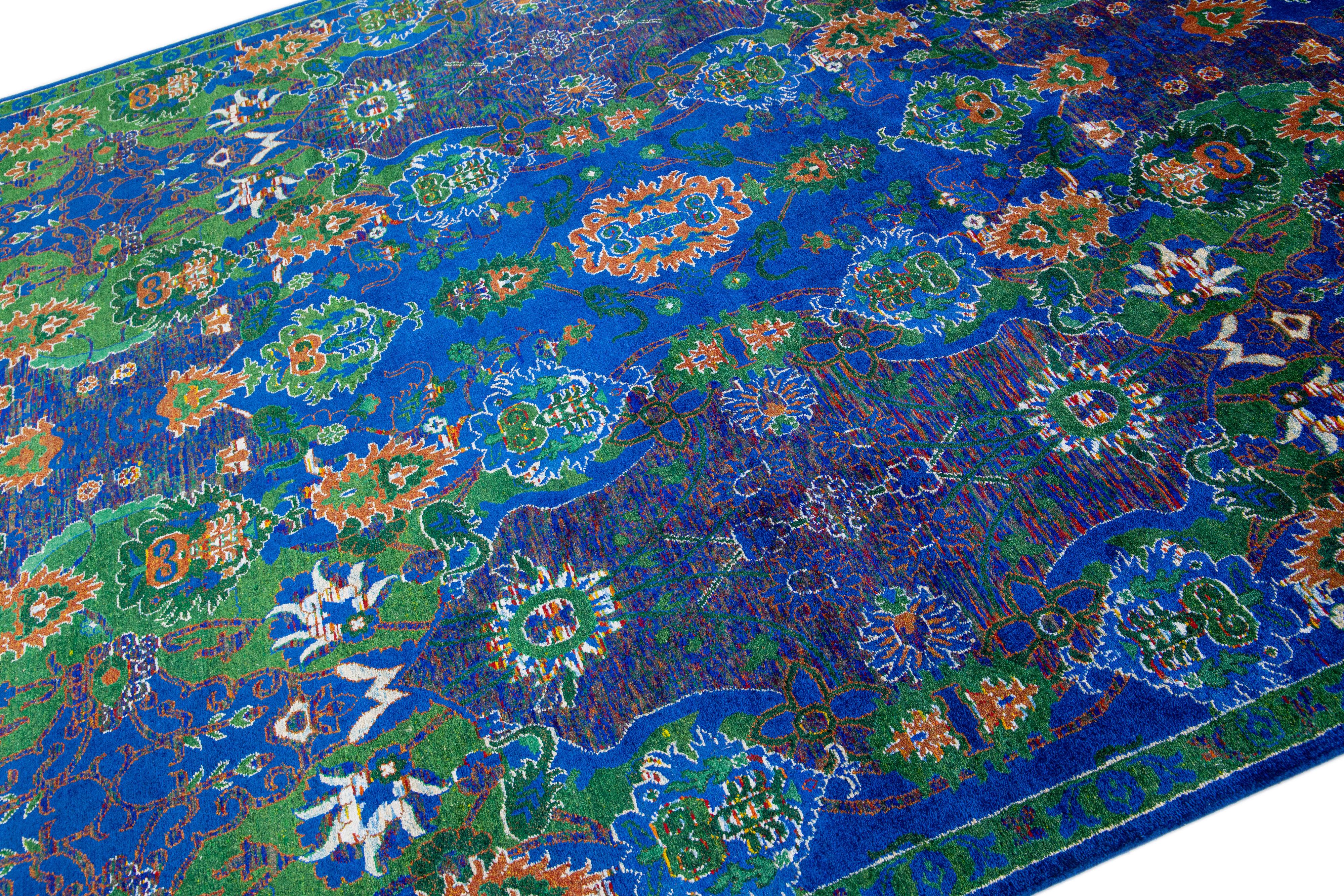 Indian Abstract Modern Wool & Silk Rug Allover Designed in Blue & Green For Sale