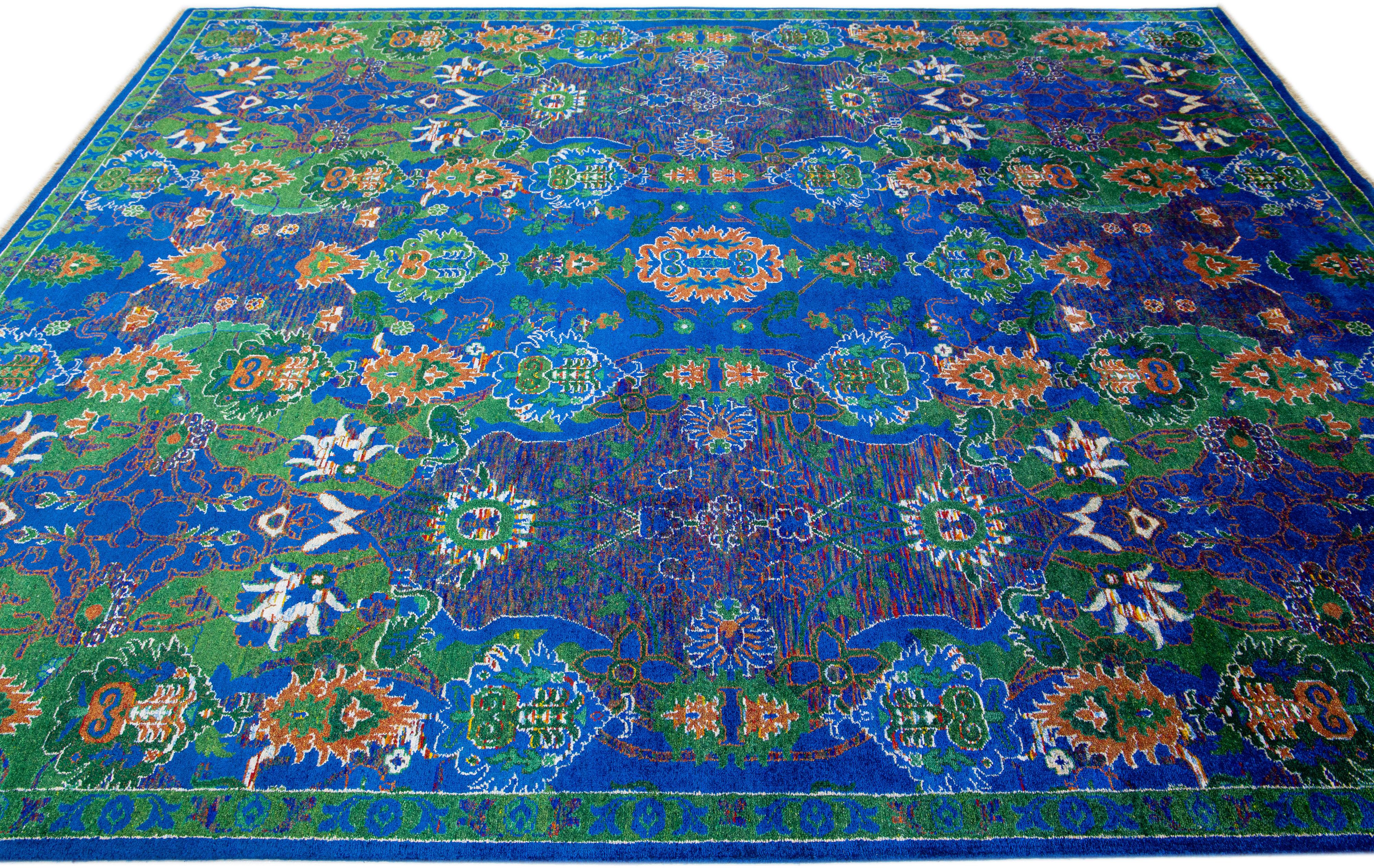 Hand-Knotted Abstract Modern Wool & Silk Rug Allover Designed in Blue & Green For Sale