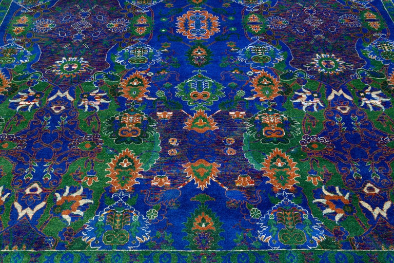 Abstract Modern Wool and Silk Rug Allover Designed In Blue and Green