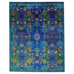 Abstract Modern Wool & Silk Rug Allover Designed in Blue & Green