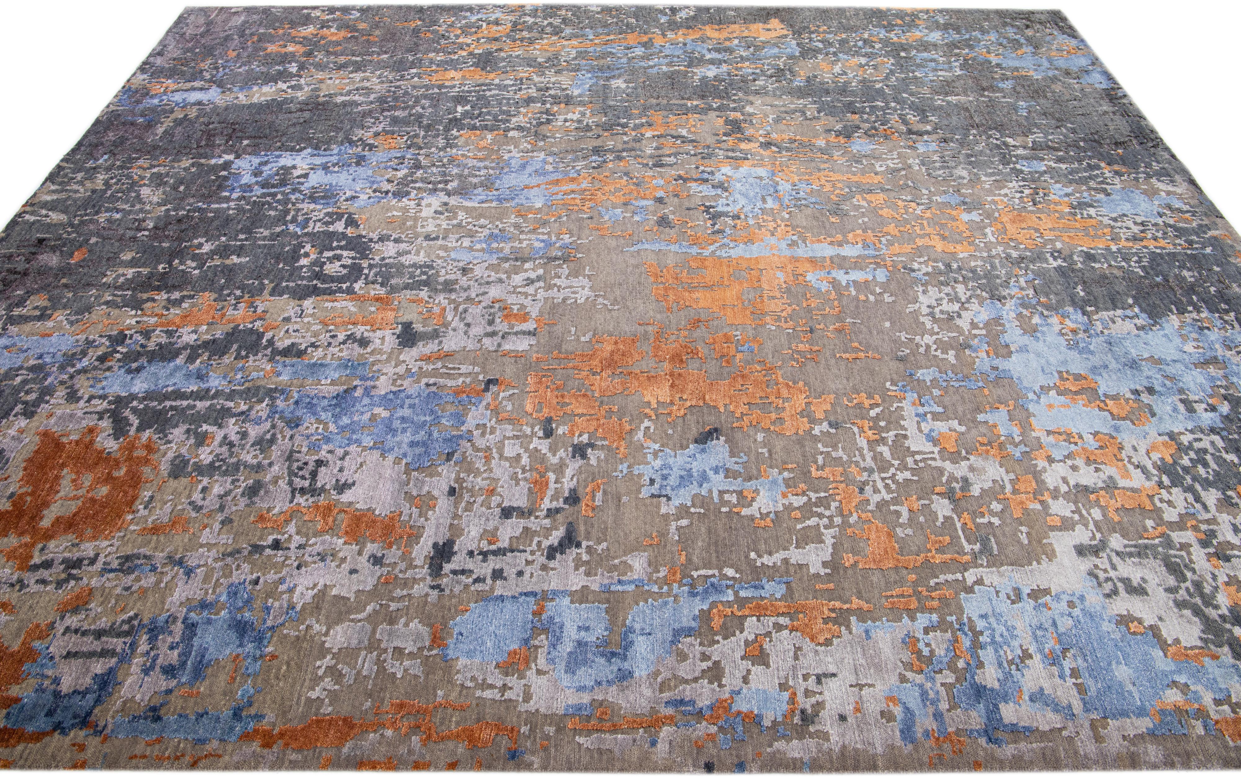 Hand-Knotted Abstract Modern Wool & Silk Rug Handmade in Gray & Orange For Sale