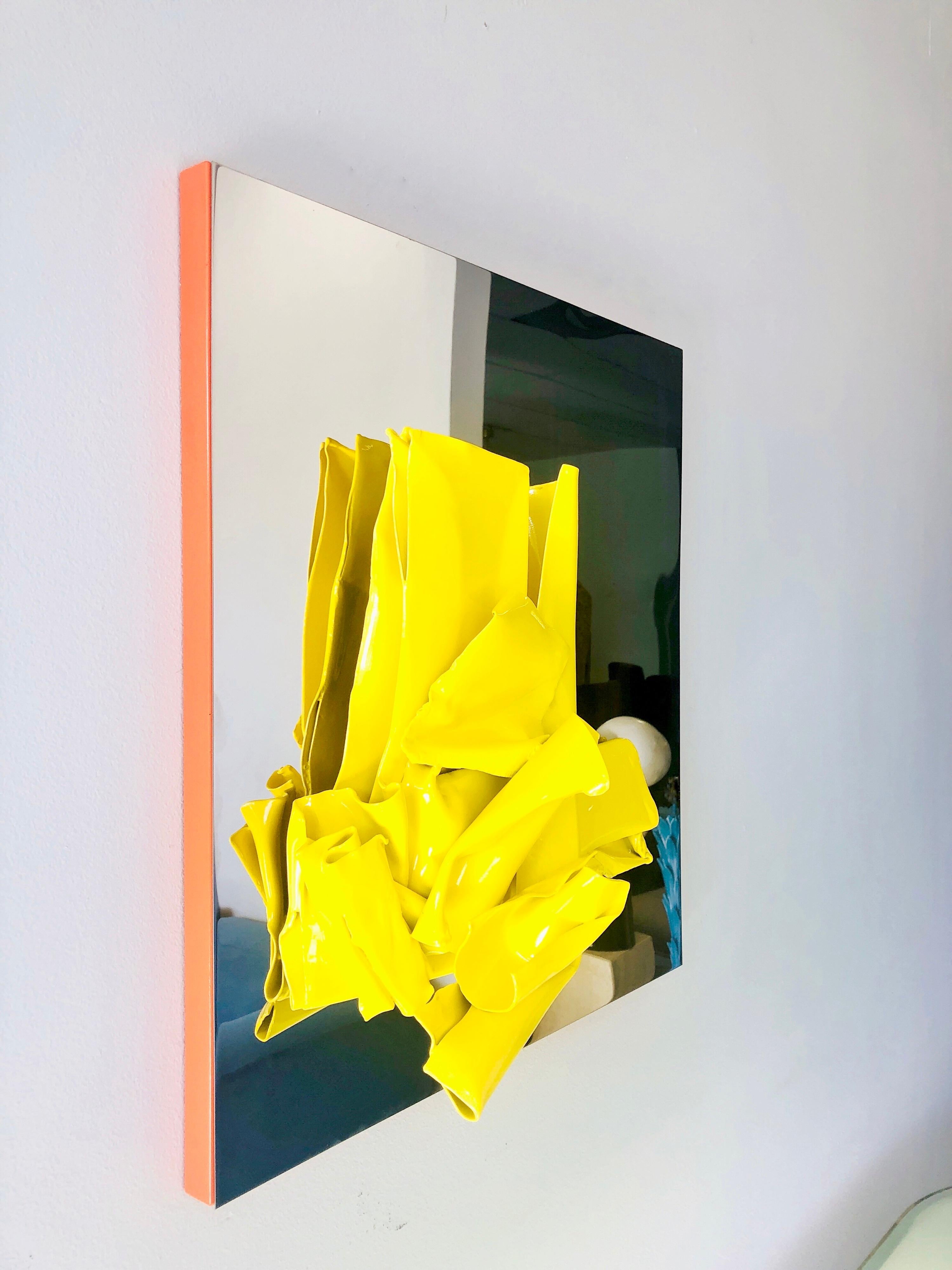 Abstract Modern Yellow Enamel on Metal and Stainless Steel Wall Sculpture In Good Condition In Miami, FL