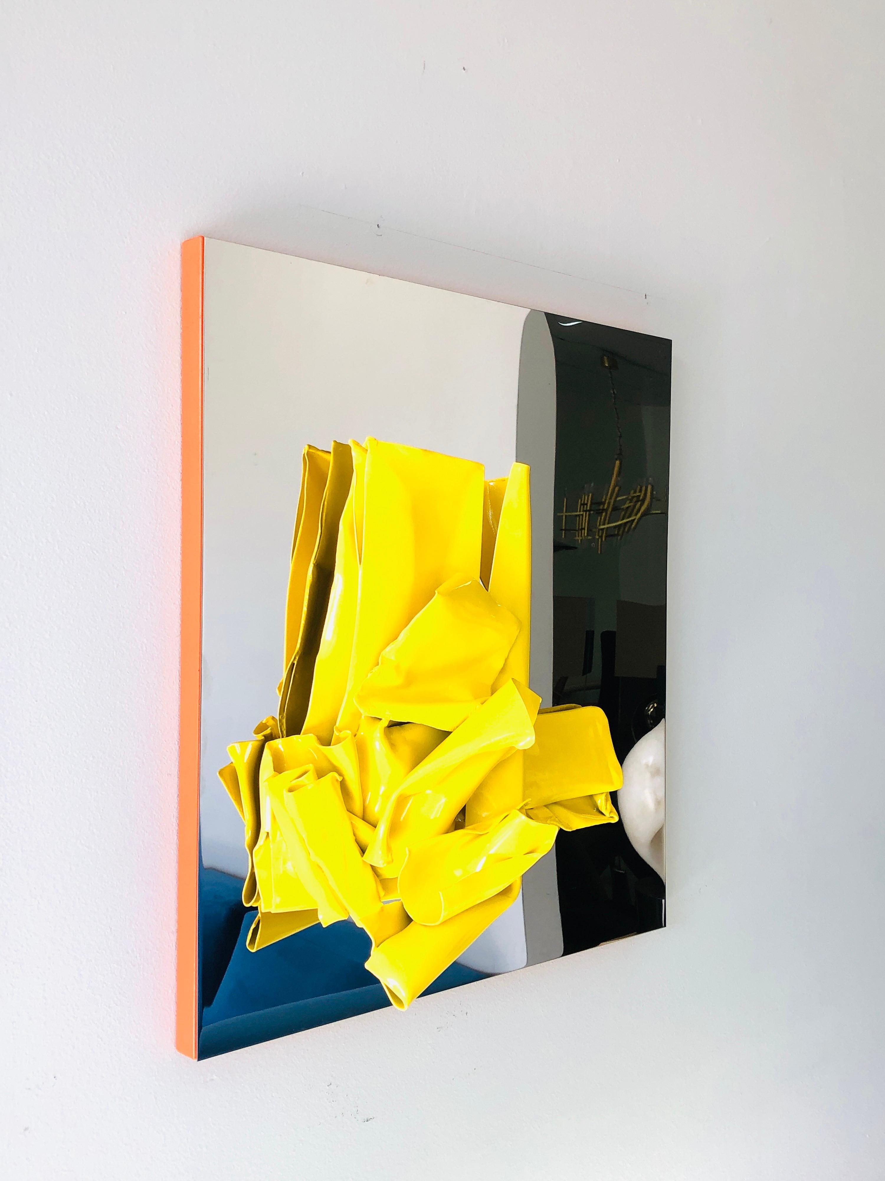 Late 20th Century Abstract Modern Yellow Enamel on Metal and Stainless Steel Wall Sculpture