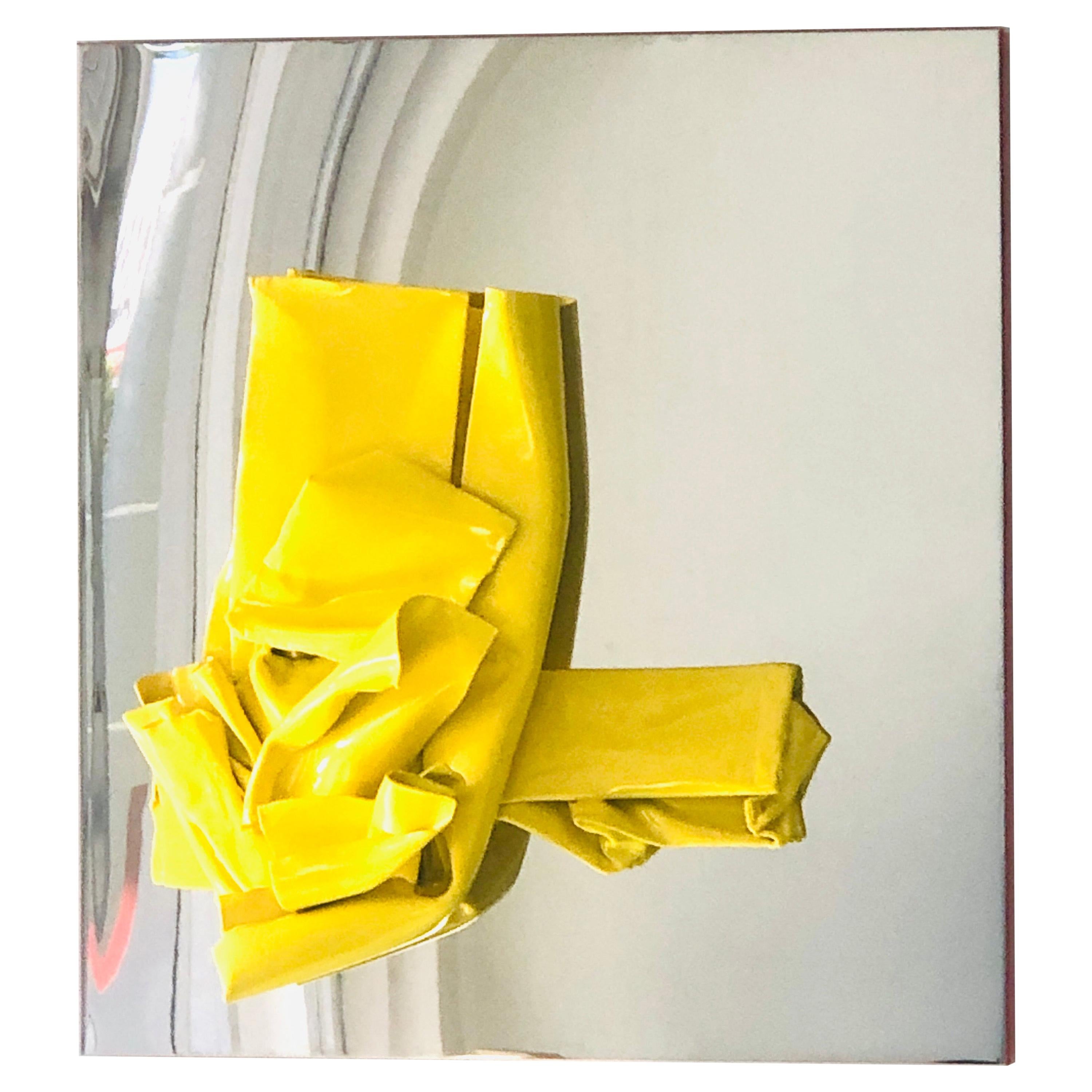 Abstract Modern Yellow Enamel on Metal and Stainless Steel Wall Sculpture