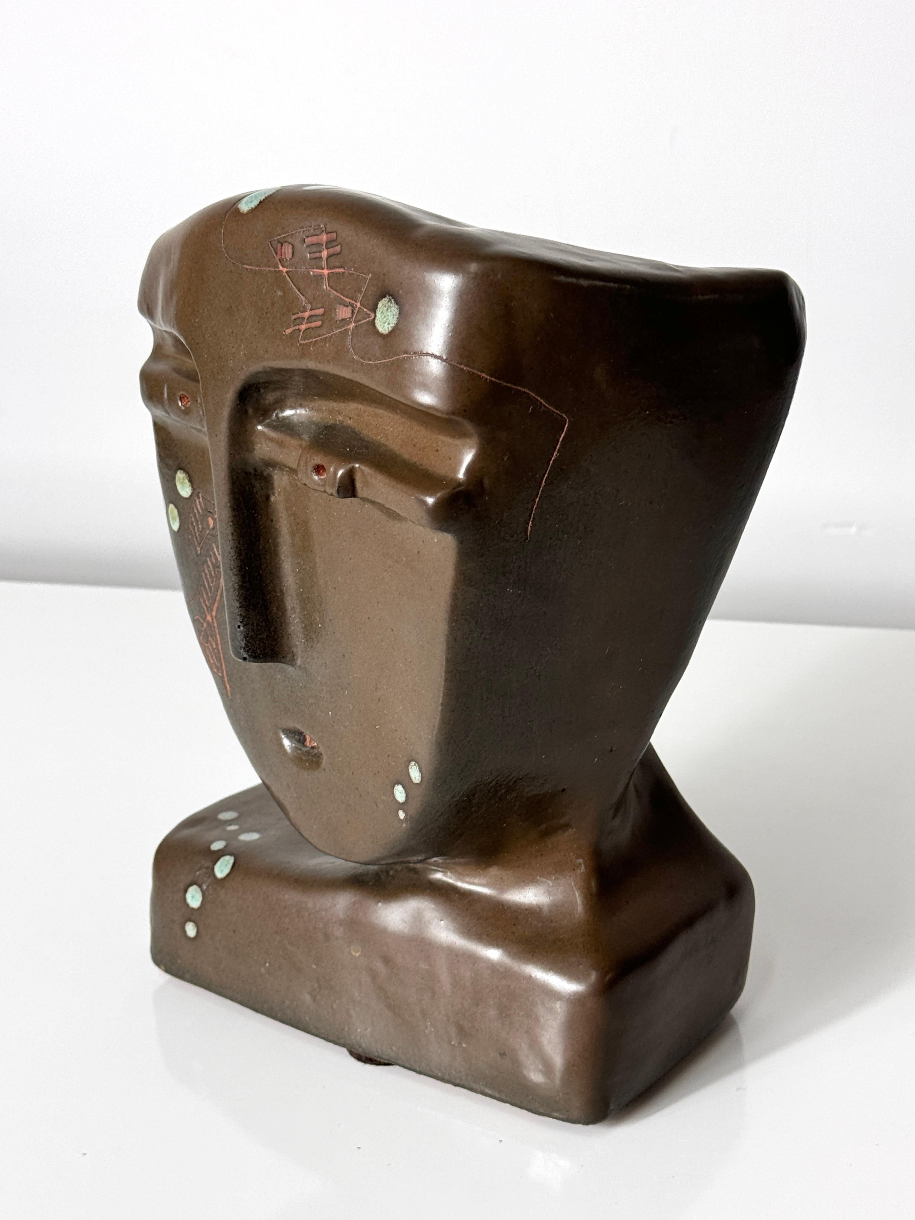 Escultura Modernista Abstracta de Cerámica con Rostro Cubista de Marianna von Allesch Moderno de mediados de siglo