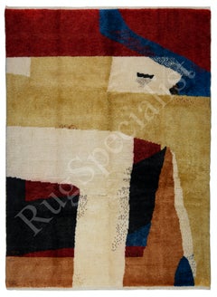 Abstrakter Modernist Handgeknüpfter Teppich in Rot, Blau, Beige und Erdtönen