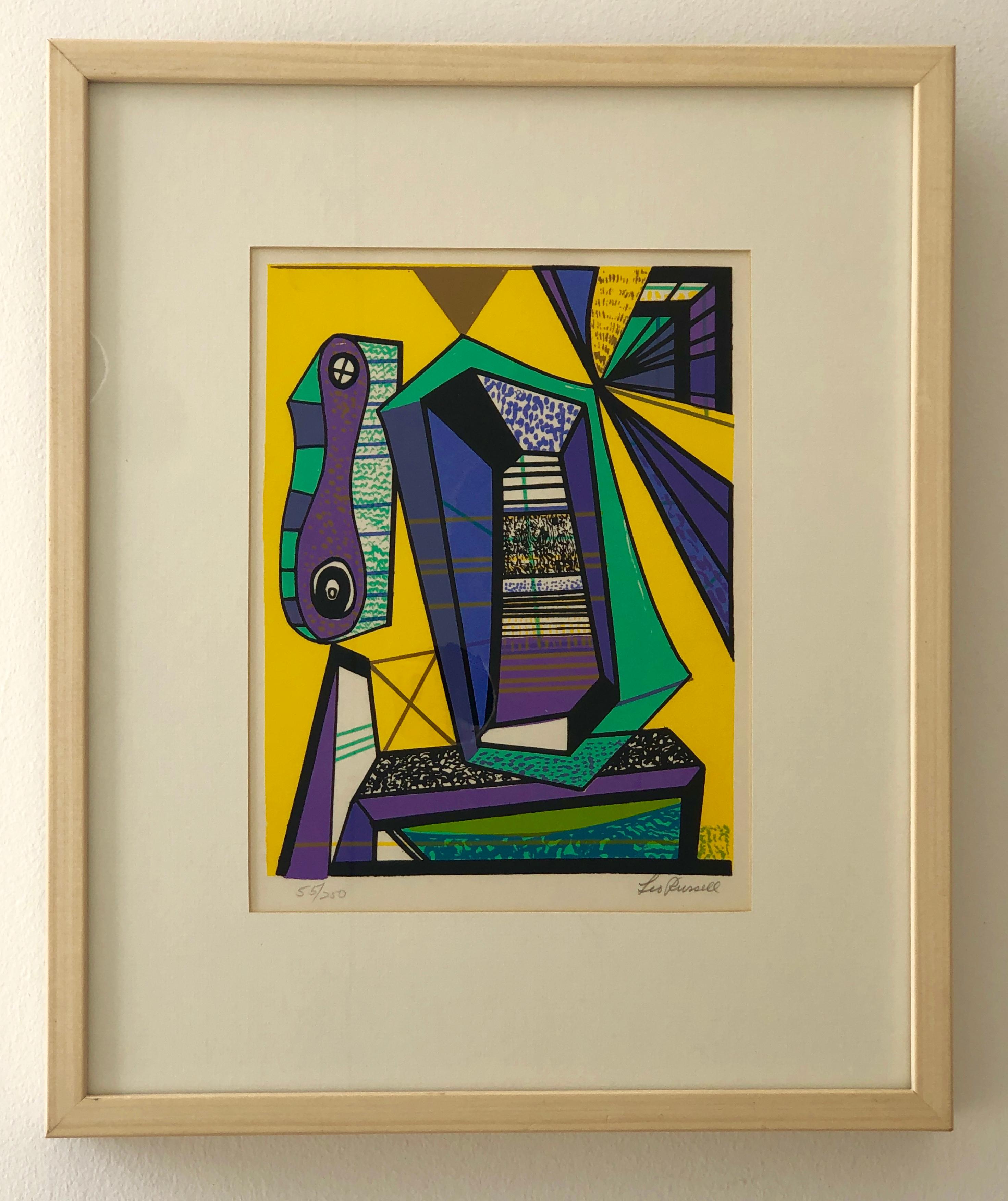 Offered is a pencil signed and numbered 55/250 Leo Russell Modernist abstract graphic print in bright yellow, purple, white, gray and black. The piece is framed in a blond wood and plexiglass frame. Even though this piece is considered abstract,