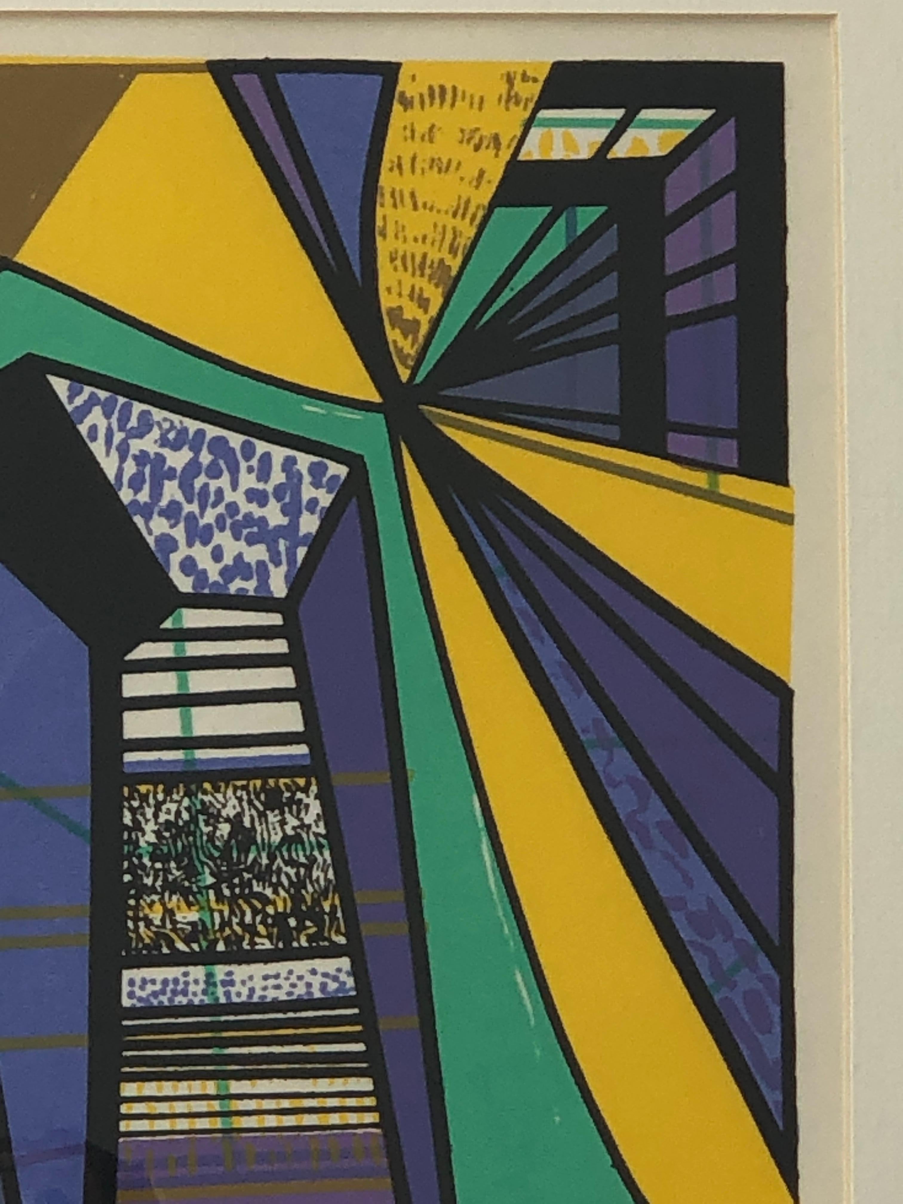 Abstract Modernist Leo Russell Graphic Print in Yellow, Purple, Black and Gray In Good Condition For Sale In Houston, TX