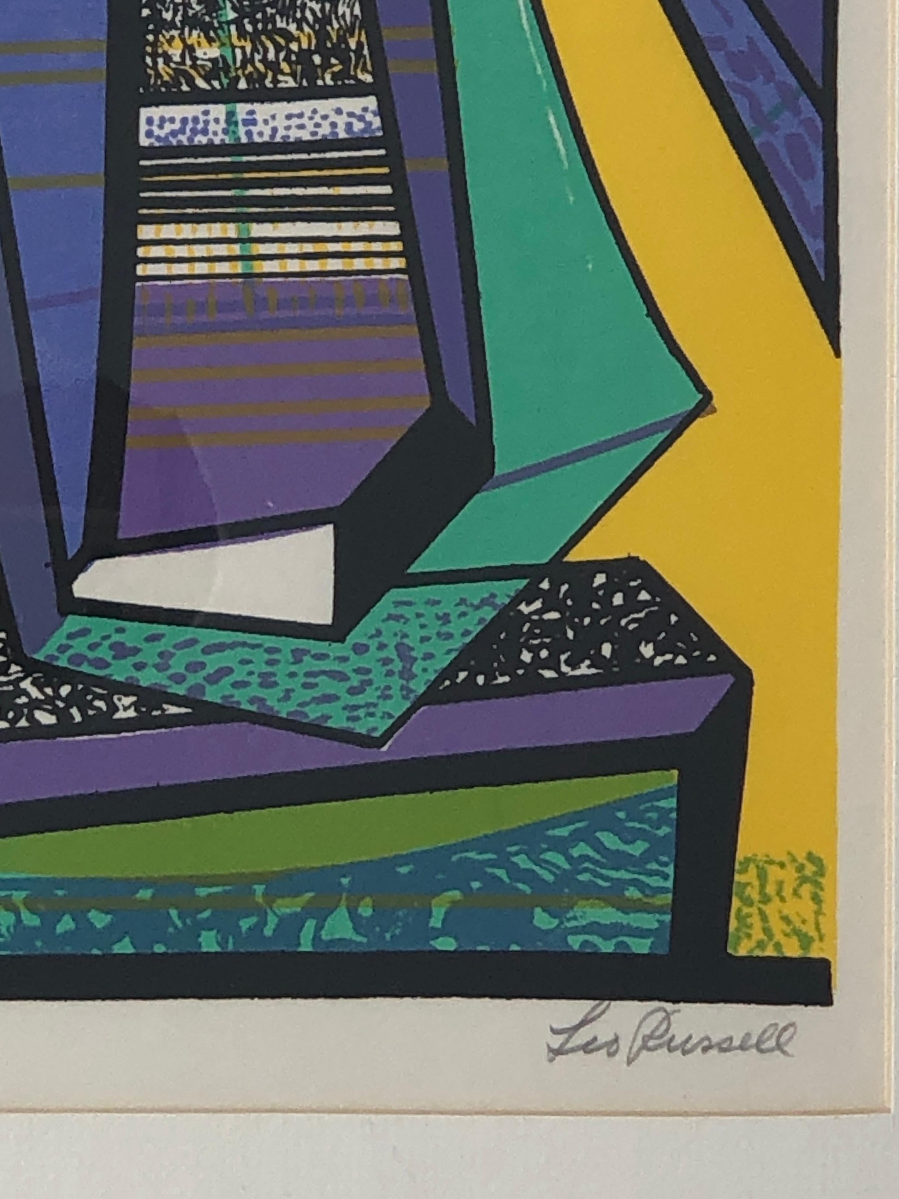 Abstract Modernist Leo Russell Graphic Print in Yellow, Purple, Black and Gray For Sale 2