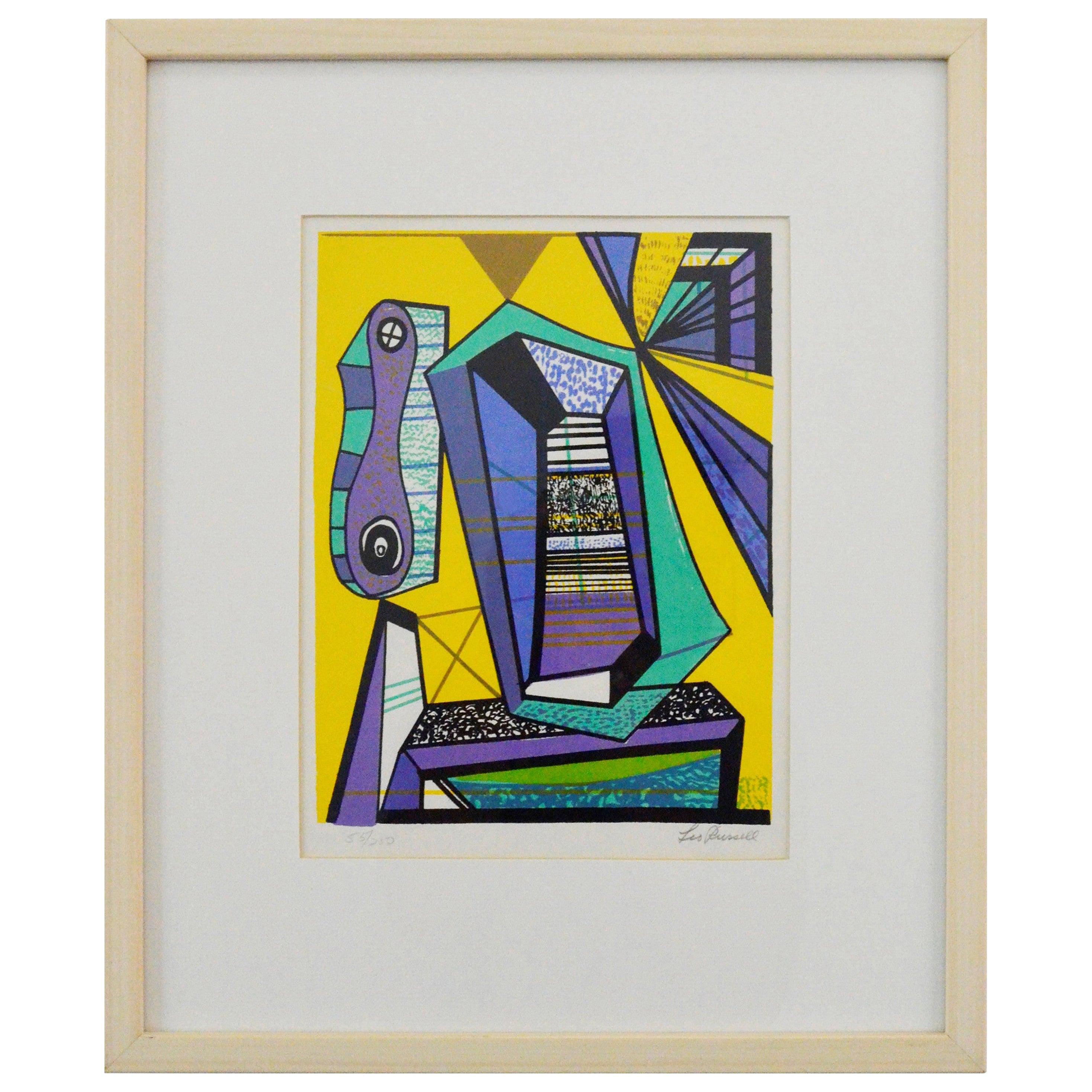 Abstract Modernist Leo Russell Graphic Print in Yellow, Purple, Black and Gray For Sale