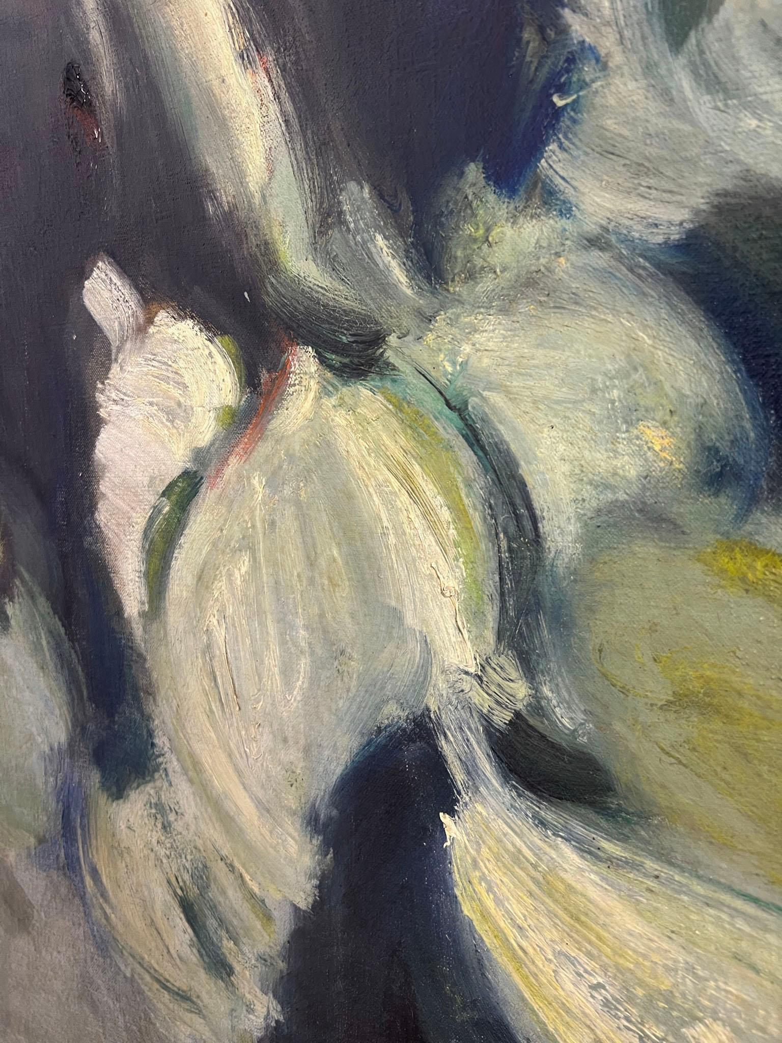 Abstract modernist oil on canvas, possibly an interior scene, signed McLaren, dated 1961. Notation on reverse indicates painting was 