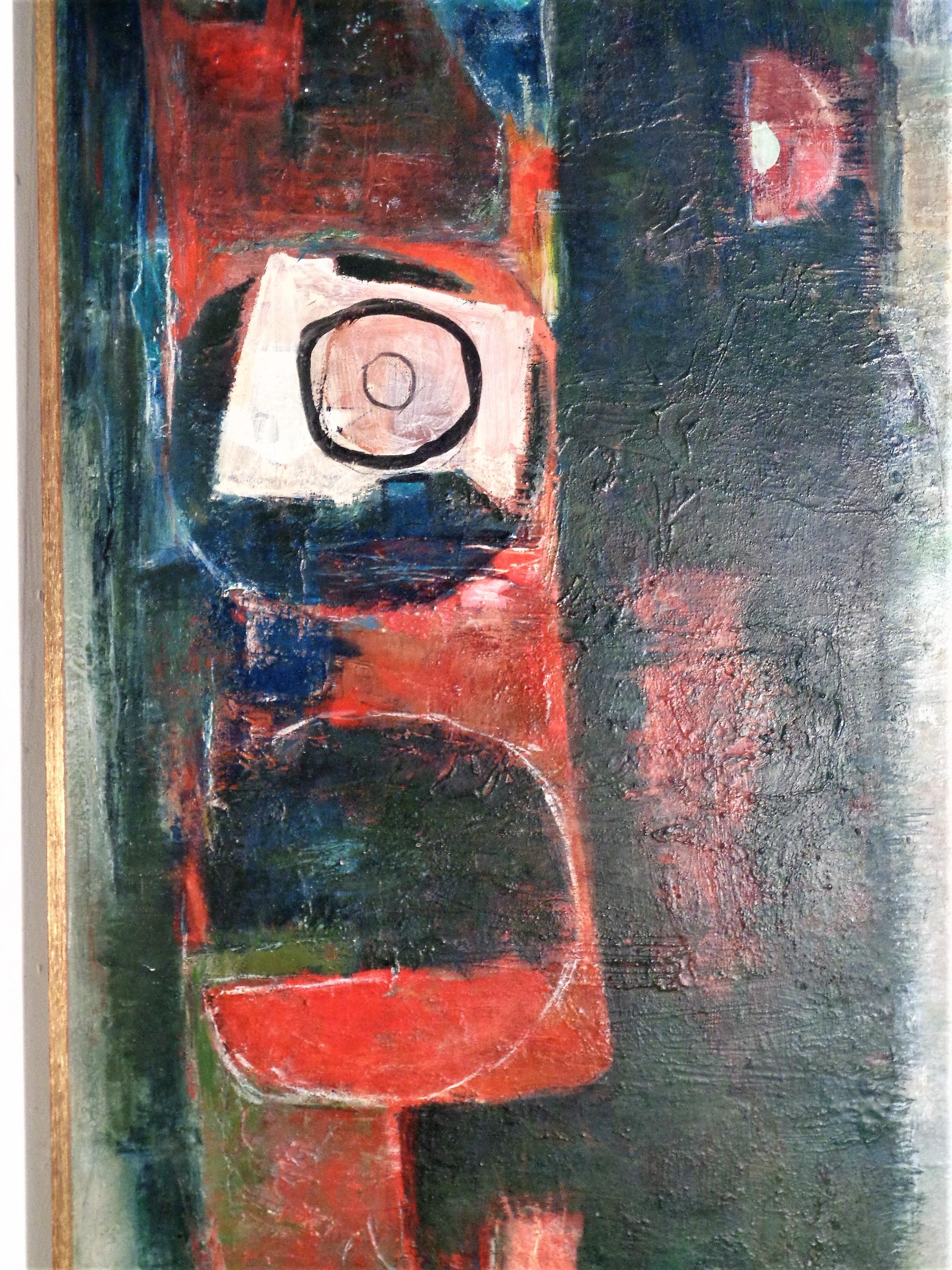 Abstract modernist oil painting on masonite board by Russian born - Rochester, New York painter, sculptor - Hilda Altschule / Hilda Altschule Coates ( 1900-1983 ) set in original period giltwood frame. Signed lower right corner H. Altschule dated