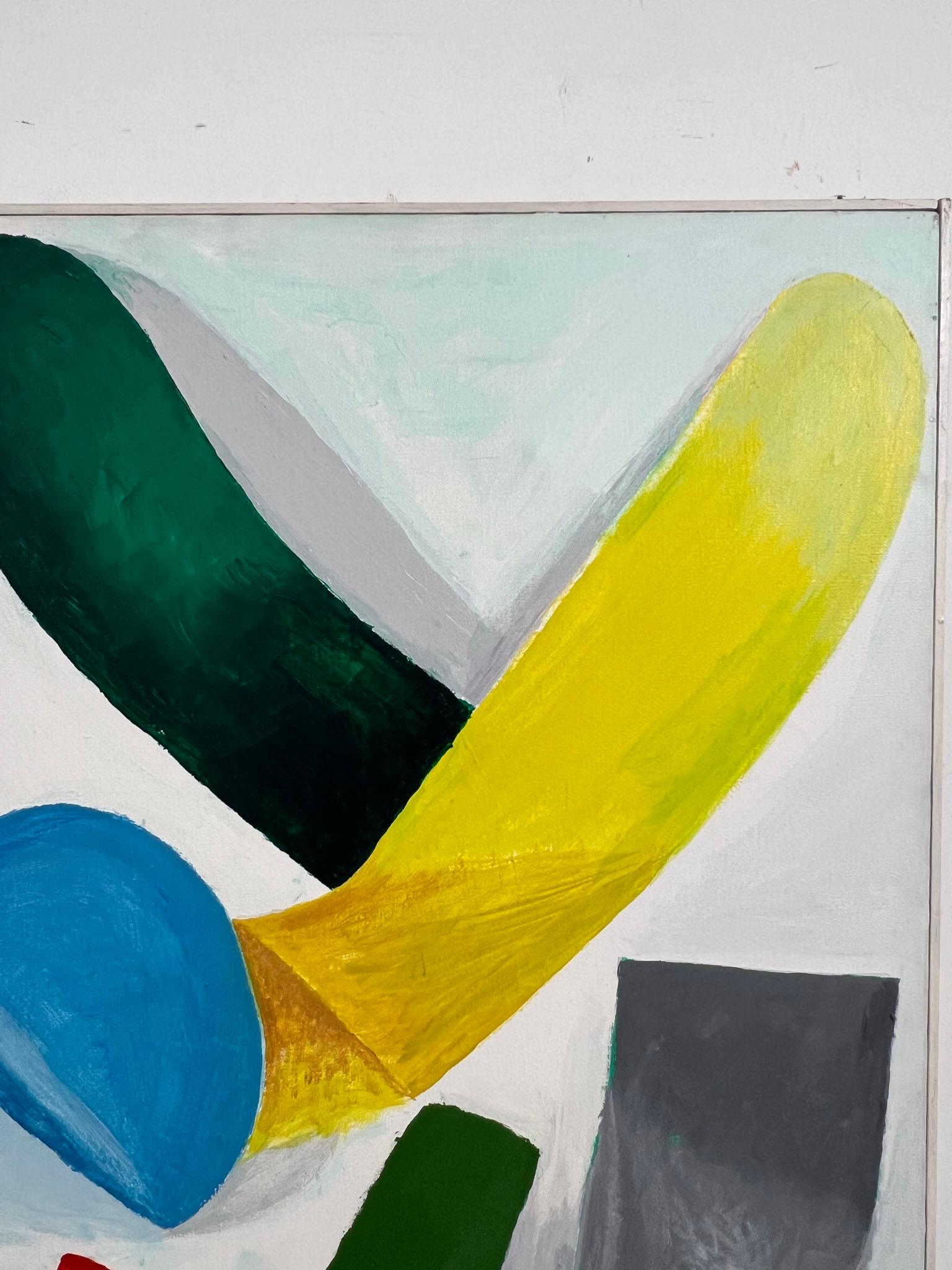 A modernist composition on canvas of colorful ribboned shapes dated 1973 by the late Bethesda, MD artist Irving Schultz.