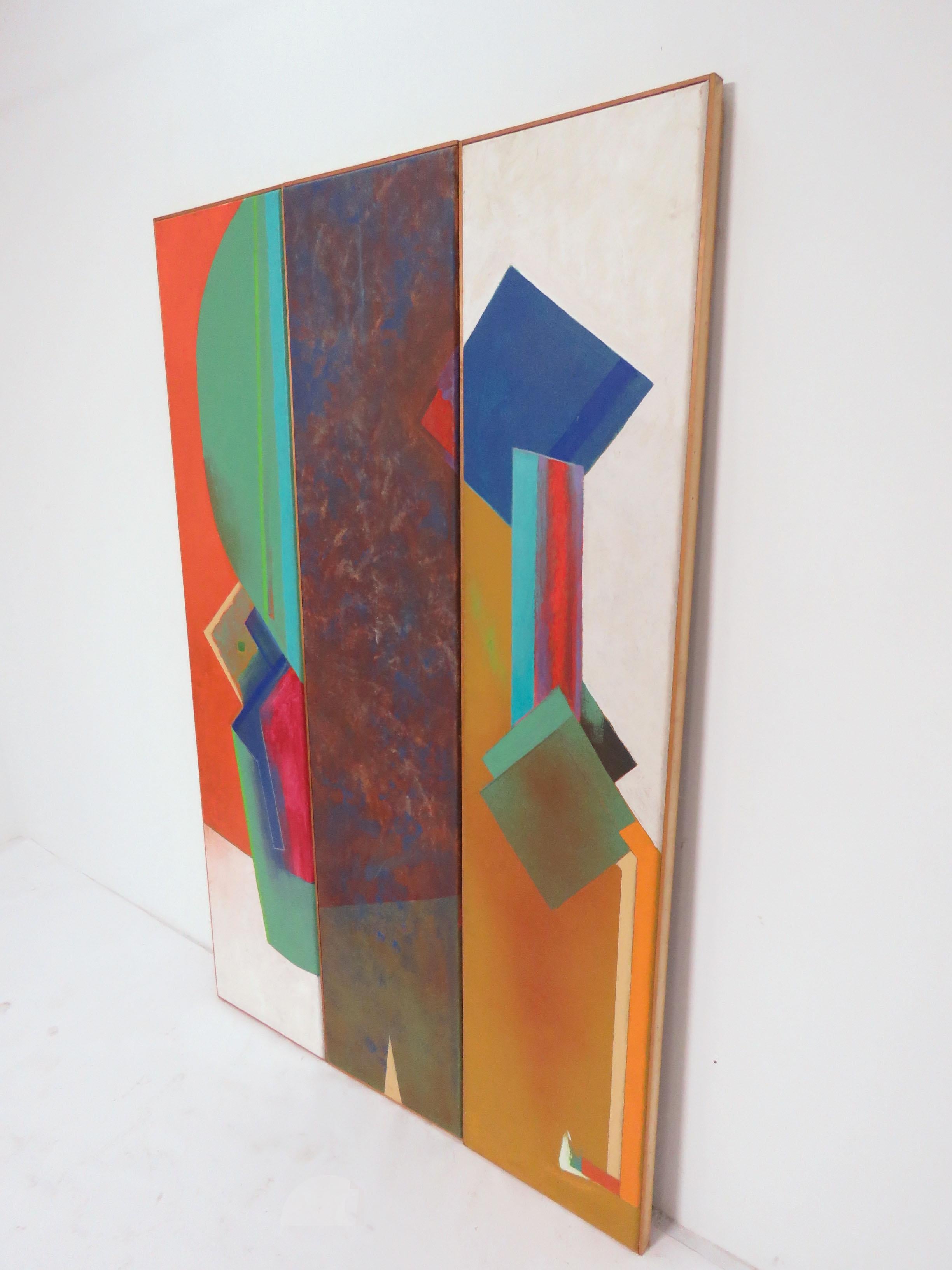 A triptych of six foot high (x 15” wide) panels, hard edge oils on canvas by the important New England abstract artist Jack Wolfe, circa 1960s. While a grad student at the School of the Museum of Fine Arts during the 1950s he became a leading member
