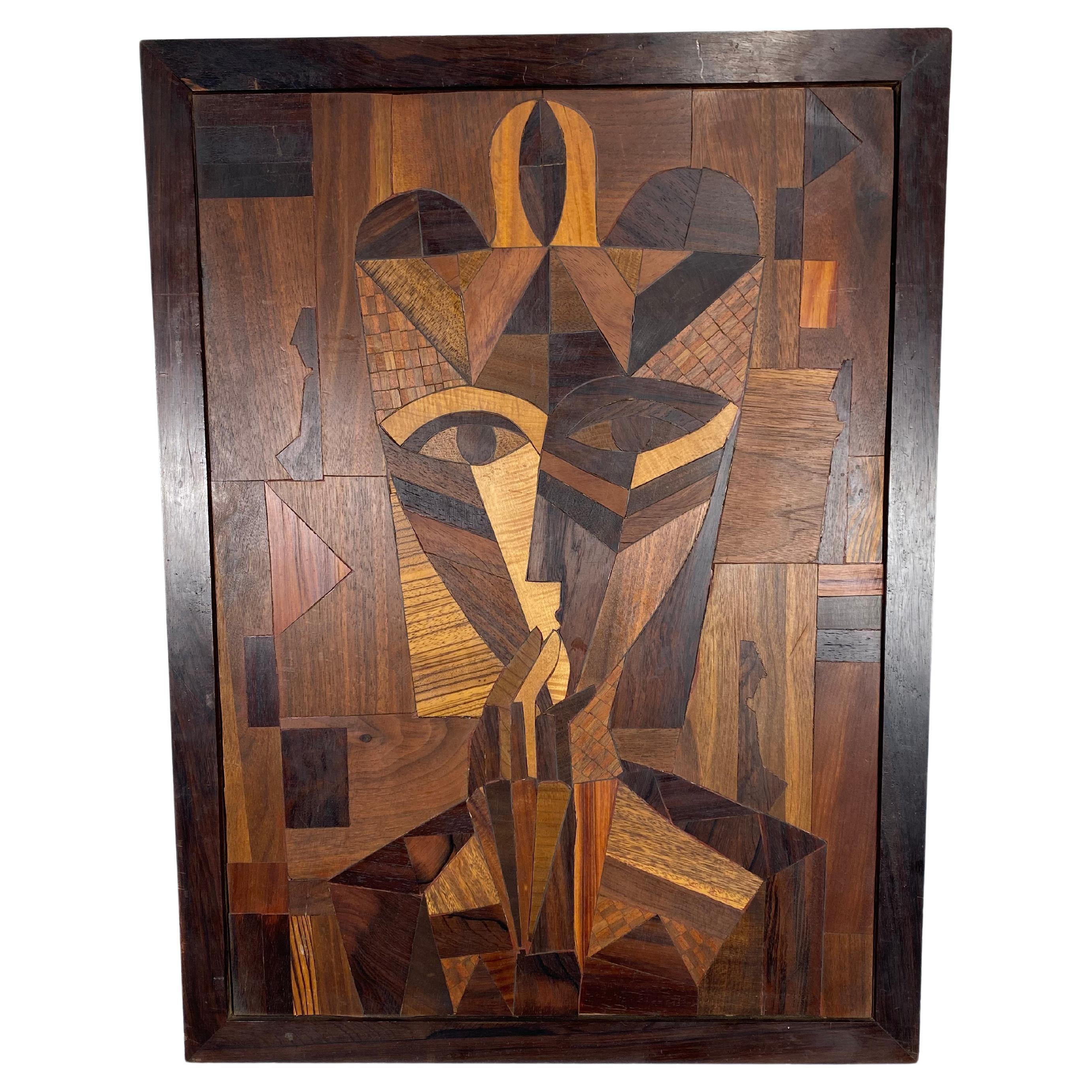 Abstract Modernist Wood Inlay / Wooden Marquetry Figure Wall Plaque