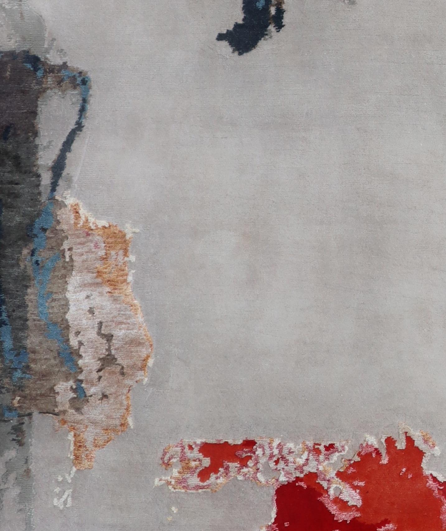 Knotenteppich aus Wolle und Bambo-Seide der Moderne in Grau und Blau mit tibetischem Muster (21. Jahrhundert und zeitgenössisch) im Angebot