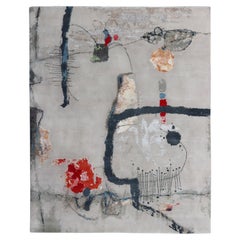 Tappeto astratto modernista in lana e seta di bambù con trama tibetana grigia e blu, Knots Rugs
