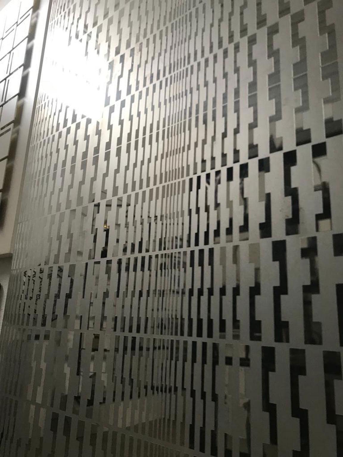 Post-Modern Abstract Modular Kinetic Structure Frosted Stainless Steel Wall Scuplture Panel For Sale