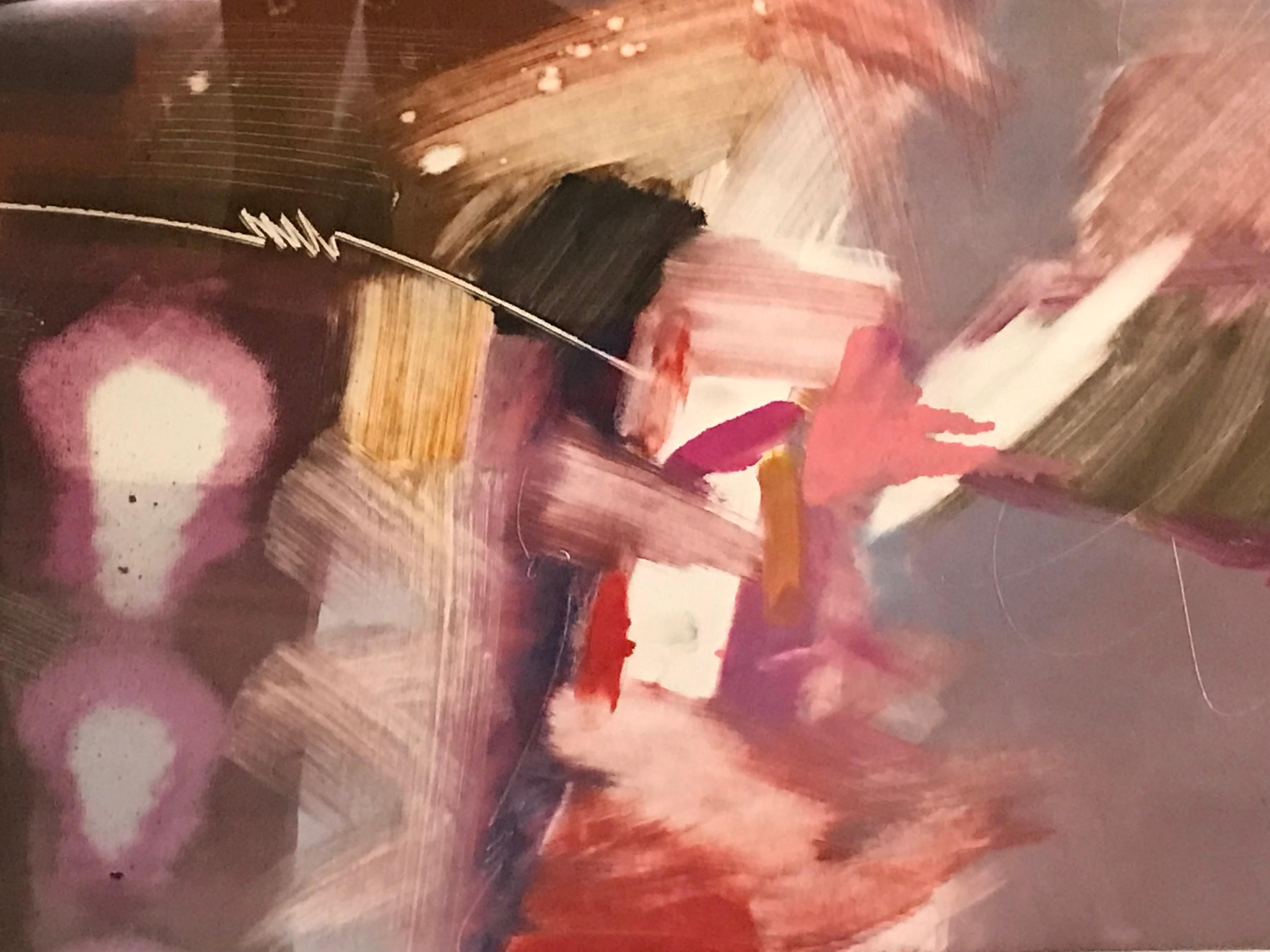 Farbenfroher abstrakter Monodruck des kubanischen Amerikaners Victor Gomez (1941-Kuba). Farbpalette aus Rosa, Violett, Rot und Schokoladenbraun auf weißem Papierhintergrund. Museum gerahmt in originalem Acrylrahmen.
Monodruck oder Monotypie ist ein