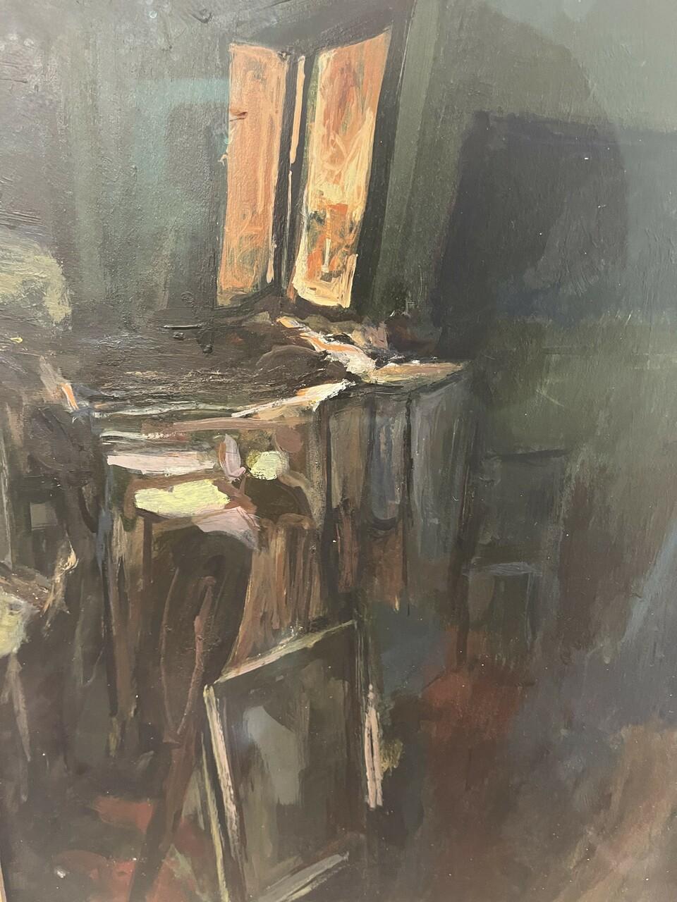 Acrylique abstraite sur panneau Scène d'intérieur de rêve dans un cadre antique avec verre antireflet