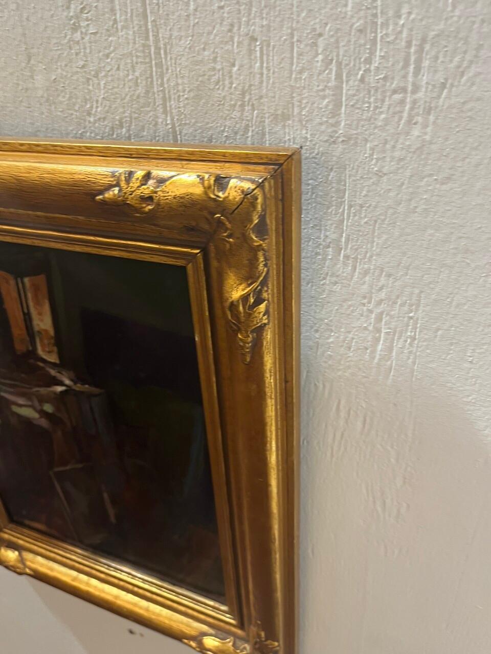 Peint à la main Scène d'intérieur d'ambiance abstraite dans un cadre ancien avec verre sans éblouissement en vente
