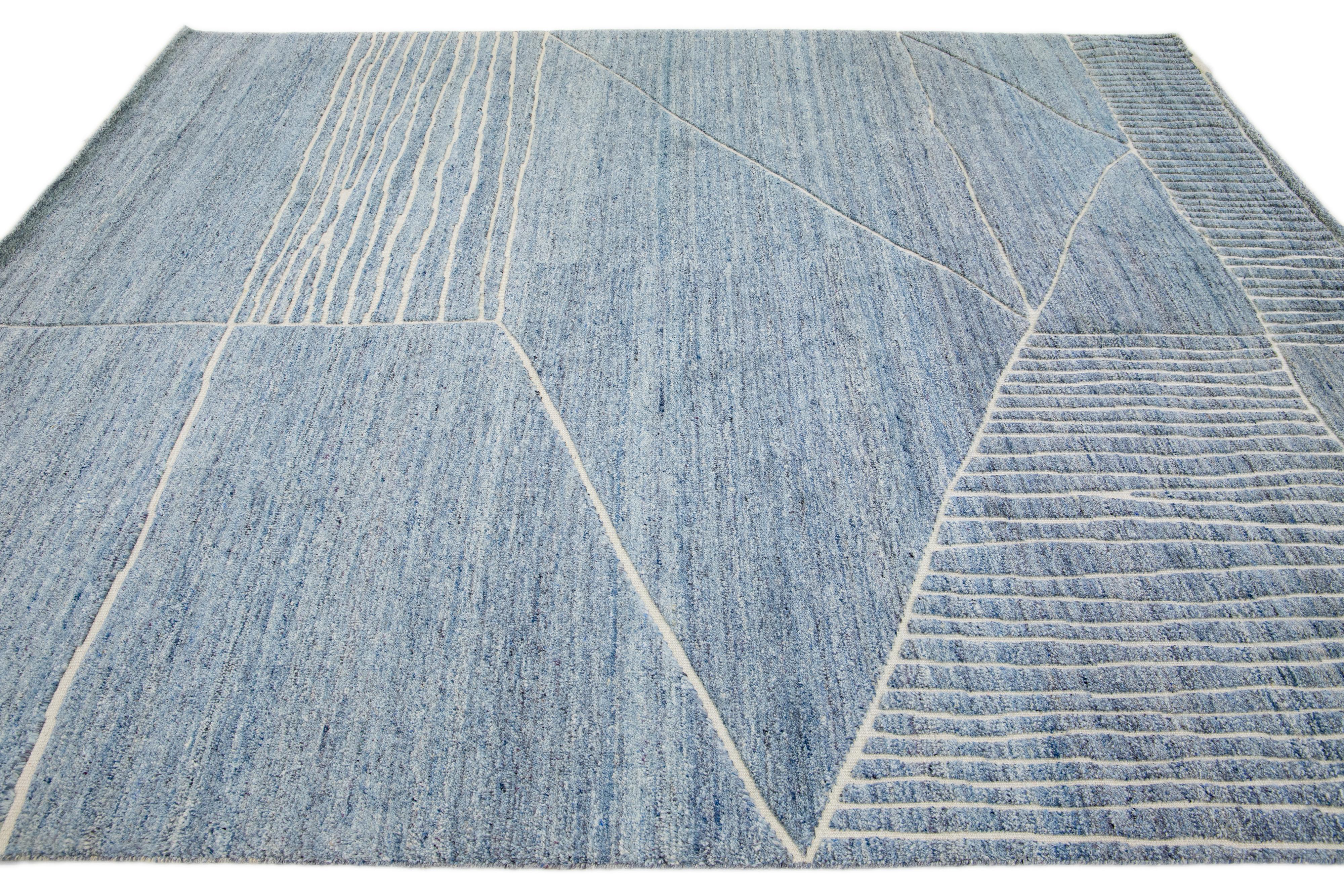 Indian Abstract Morocan Style Modern Wool Rug in Blue by Apadana For Sale
