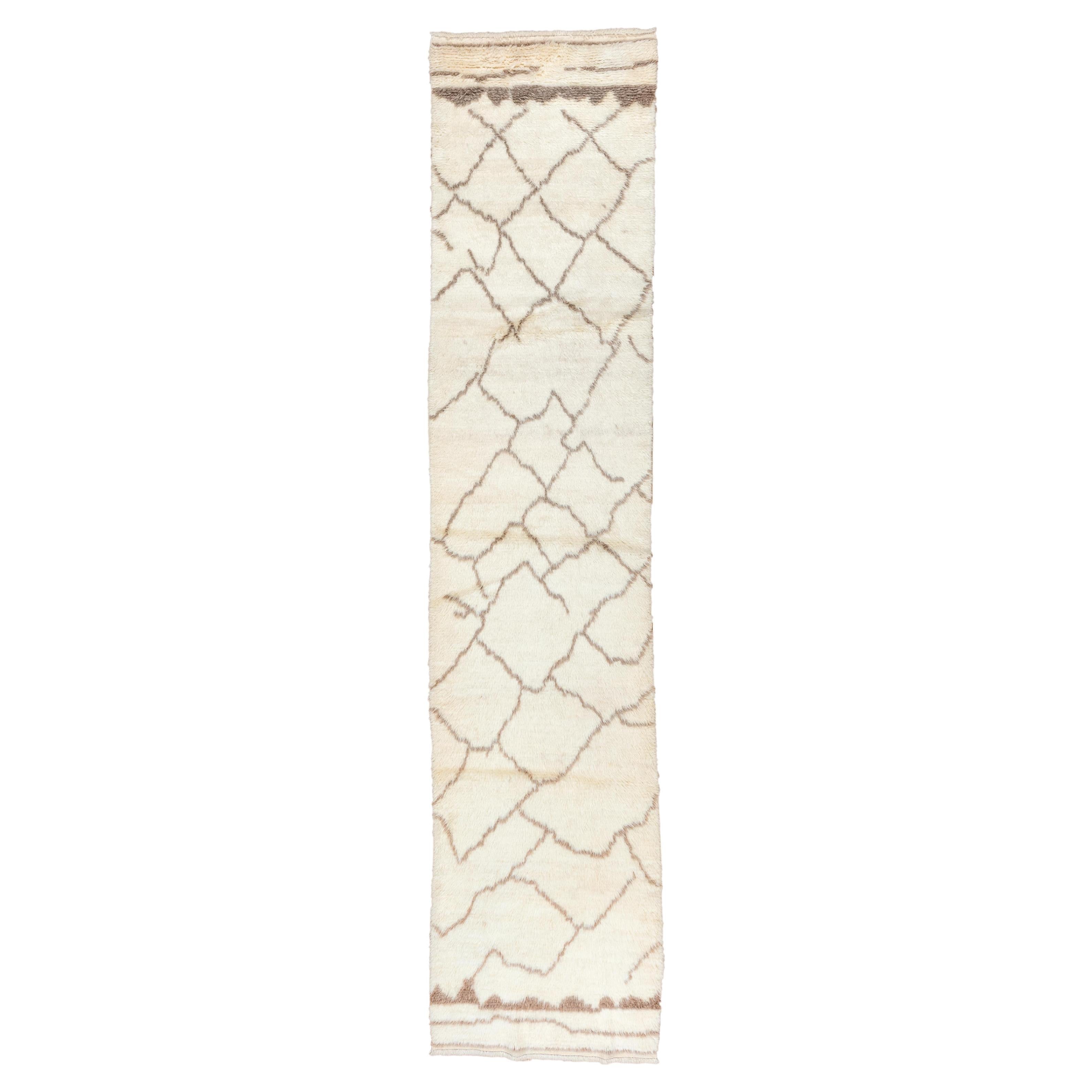 Abstract Moroccan Long Rug in Ivory  For Sale