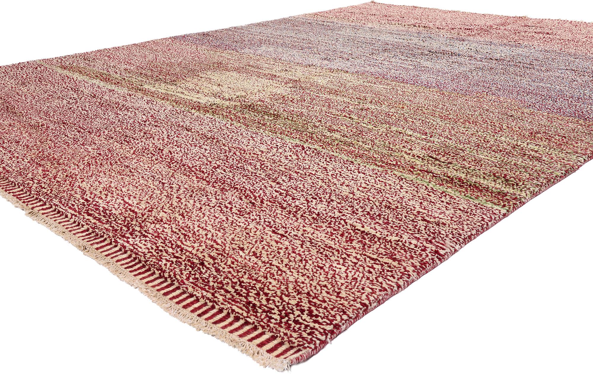 80583 New Modern Abstract Moroccan Area Rug, 10'02 x 13'11. Bathed in a symphony of sunset tones—crimson dusk, rose-lit mist, and the golden hush of twilight—this hand-knotted wool modern Moroccan rug from Pakistan is not merely a furnishing, but a