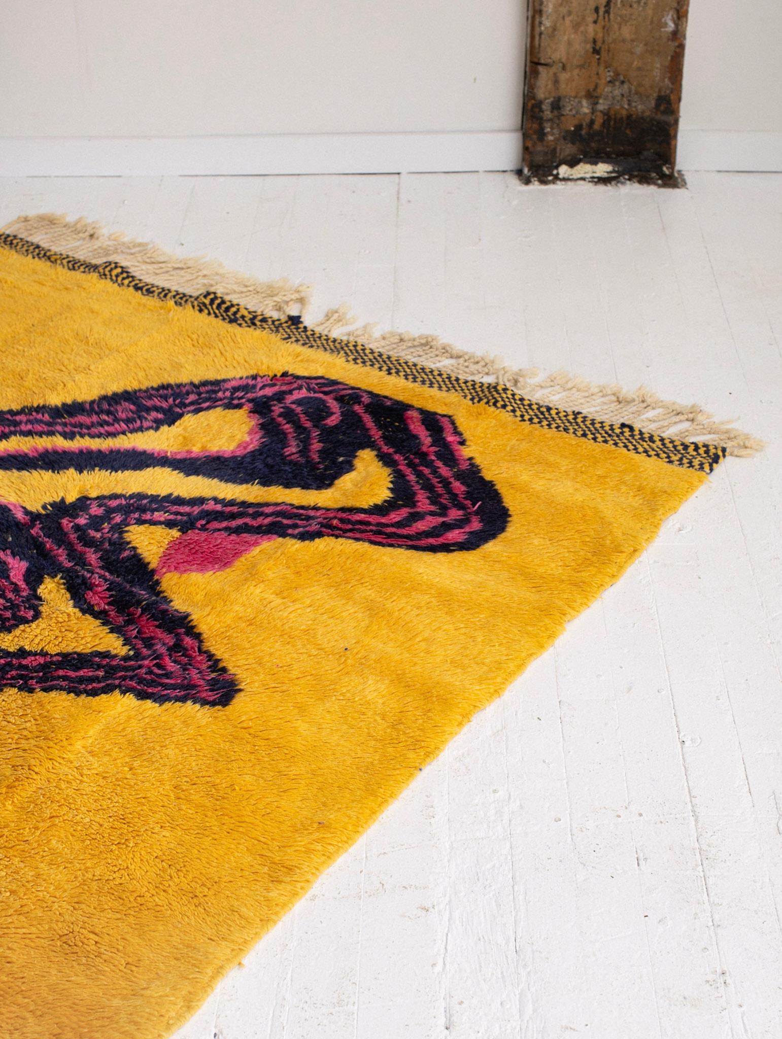 Mid-Century Modern Abstract Moroccan Wool Rug in Vibrant Yellow Pink and Blue