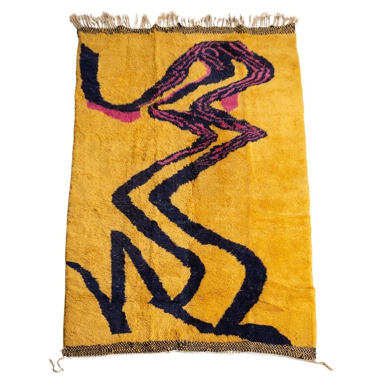 Abstract Moroccan Wool Rug in Vibrant Yellow Pink and Blue For Sale at