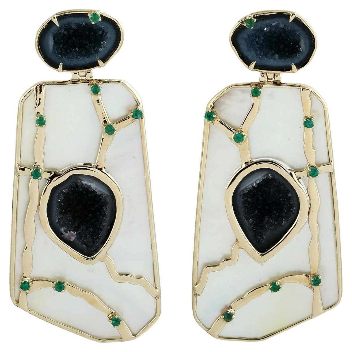 Abstract Mother Of Pearl & Geode Dangle Earrings Made In 14k Yellow Gold