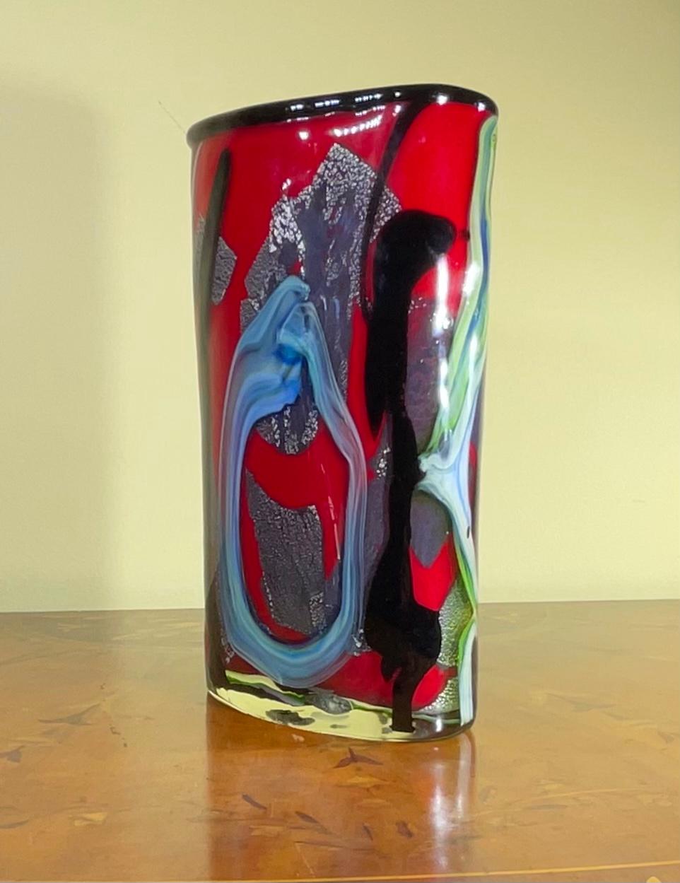 Hand-Crafted Abstract Motif Hand Blown Murano Glass Multicolor Vase  For Sale