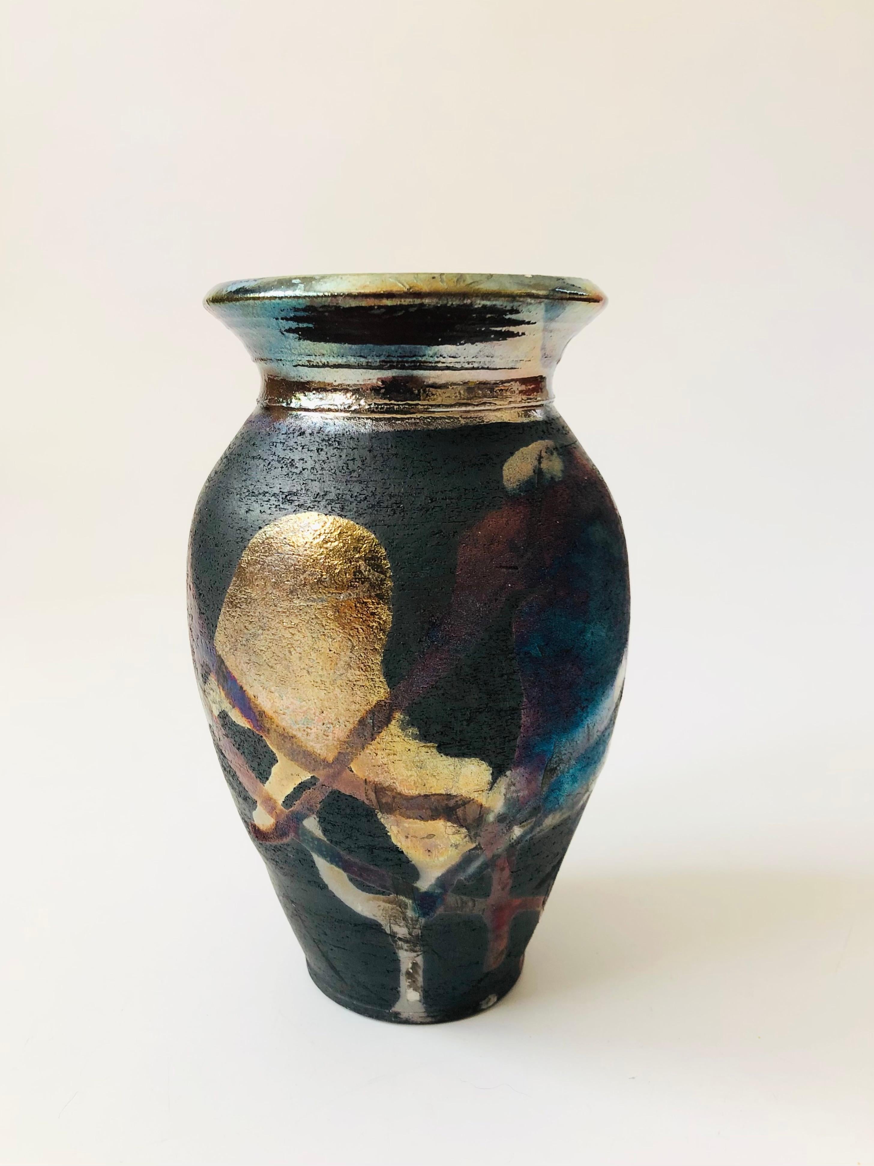 20th Century Abstract Multicolor  Raku Pottery Vase For Sale