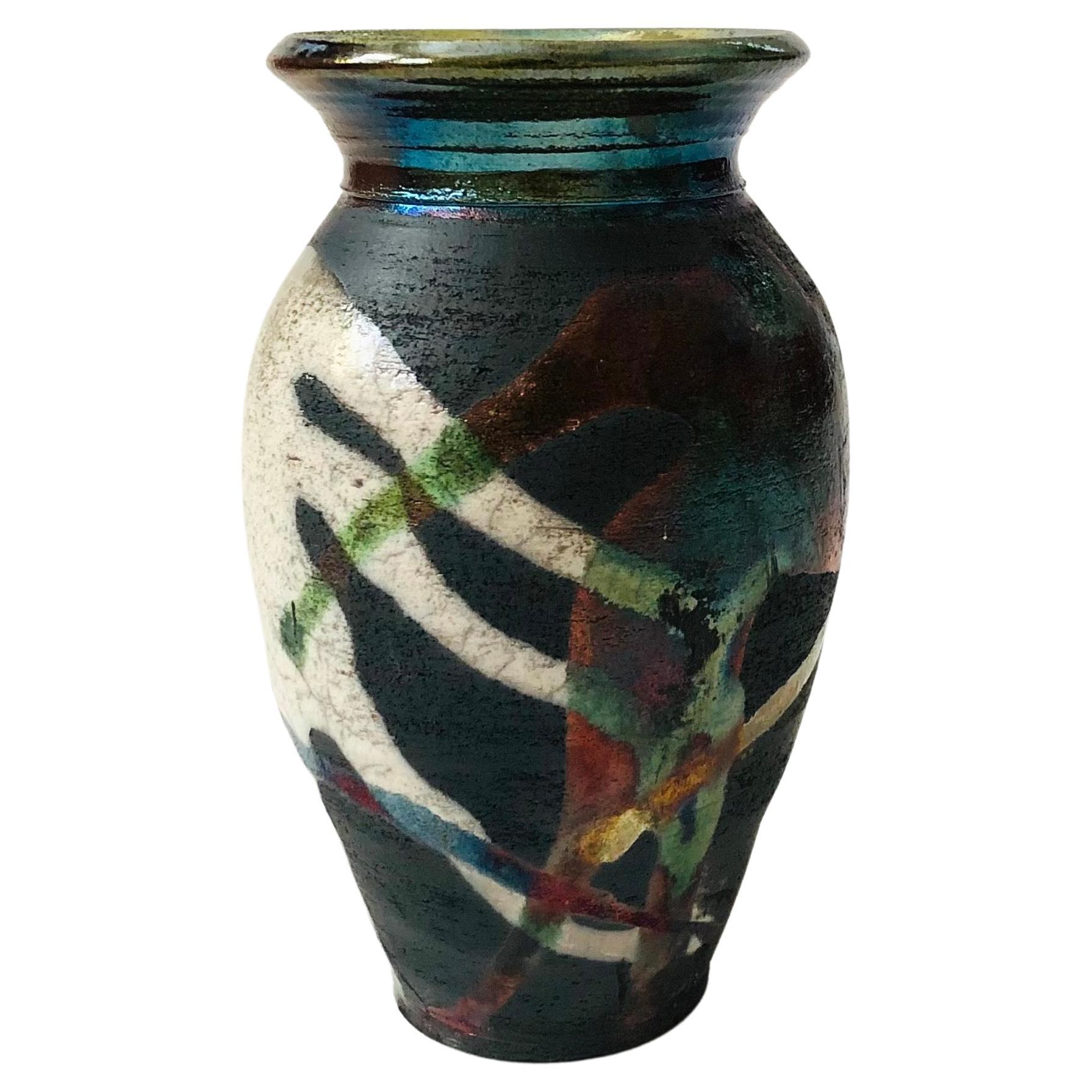 Abstract Multicolor  Raku Pottery Vase For Sale