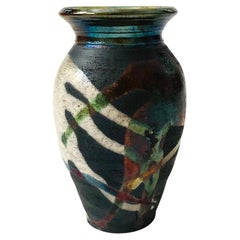 Retro Abstract Multicolor  Raku Pottery Vase