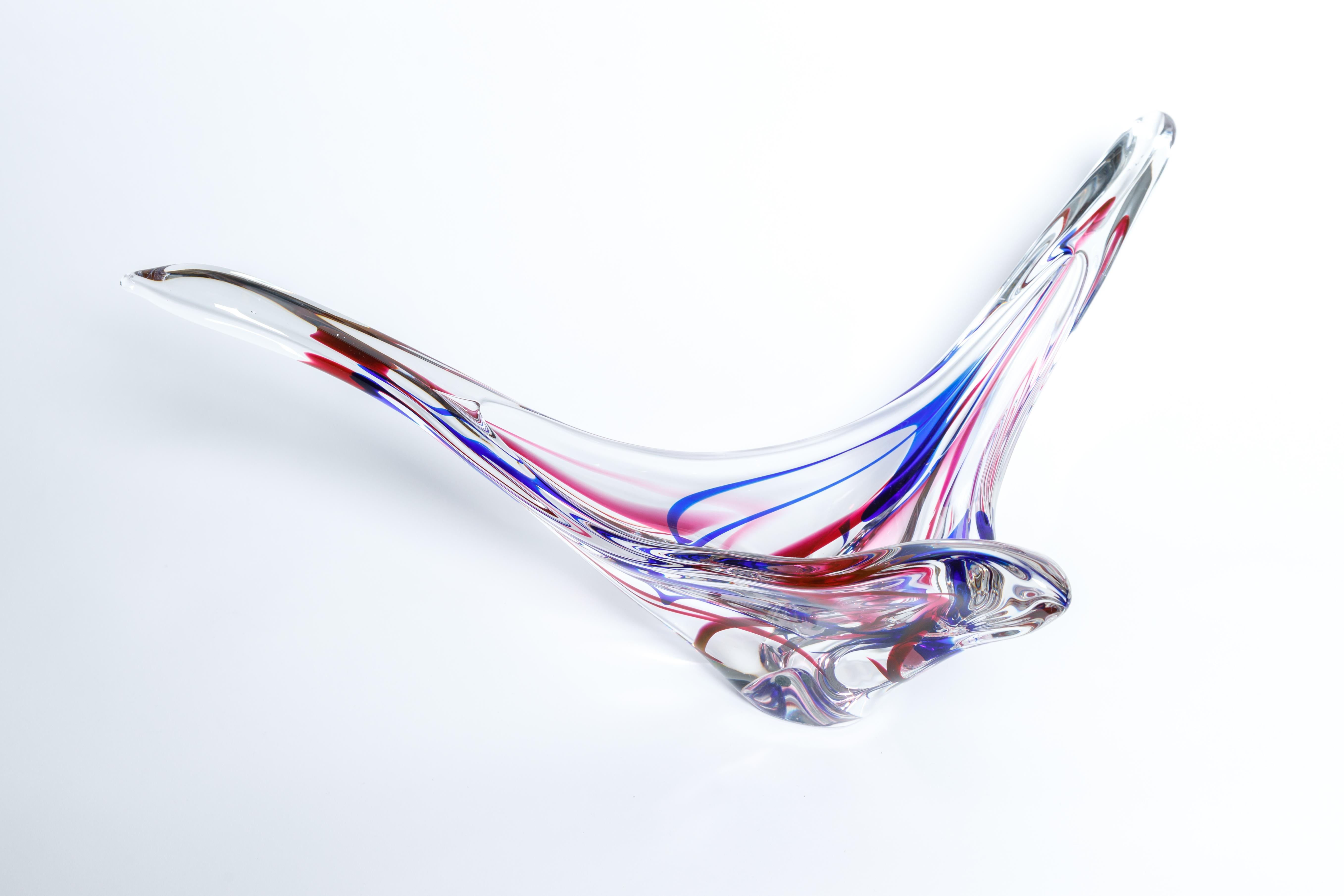 Abstract murano glass bowl, clear with red and blue.