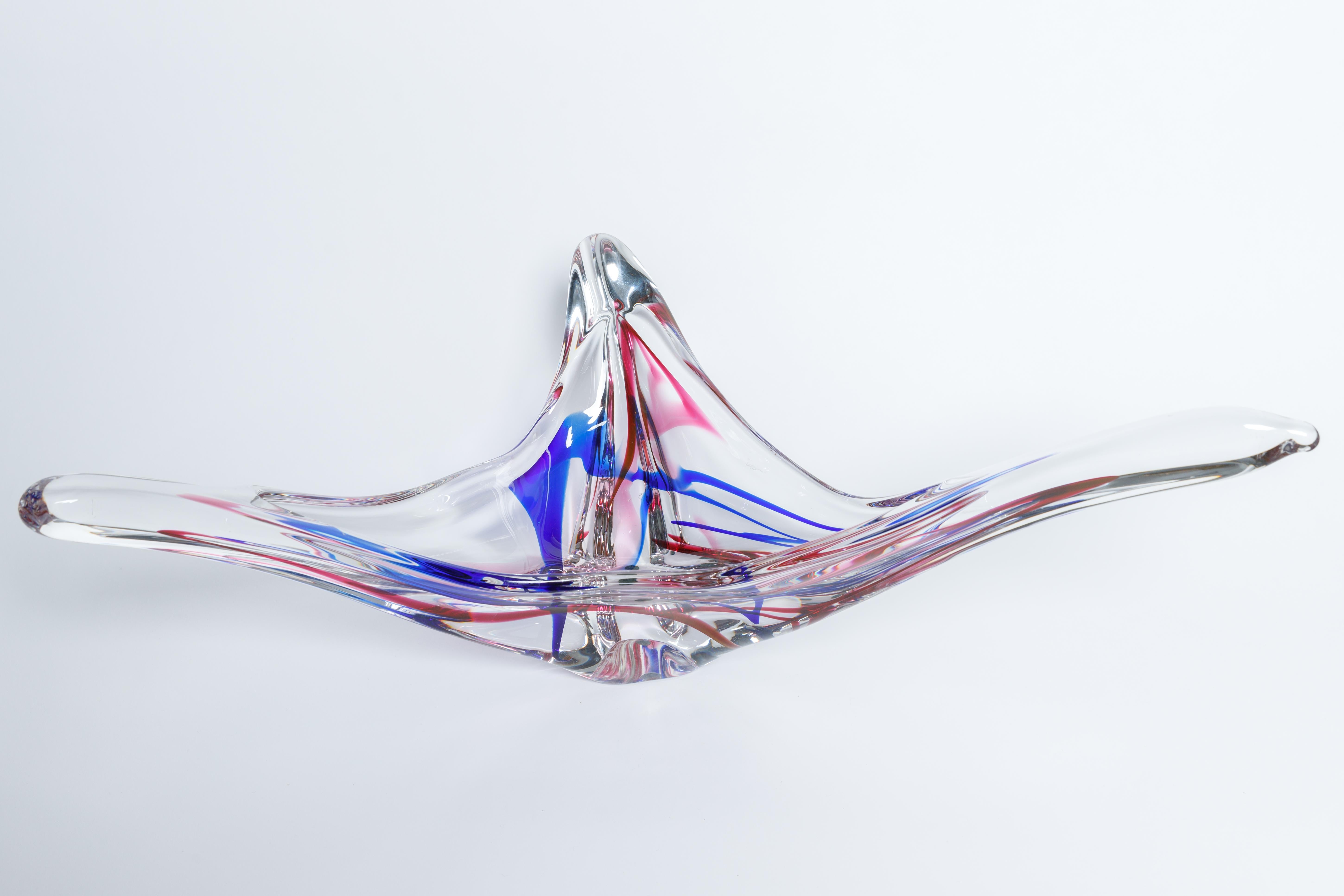 Mid-Century Modern Abstract Murano Glass Blow, Clear with Red and Blue For Sale