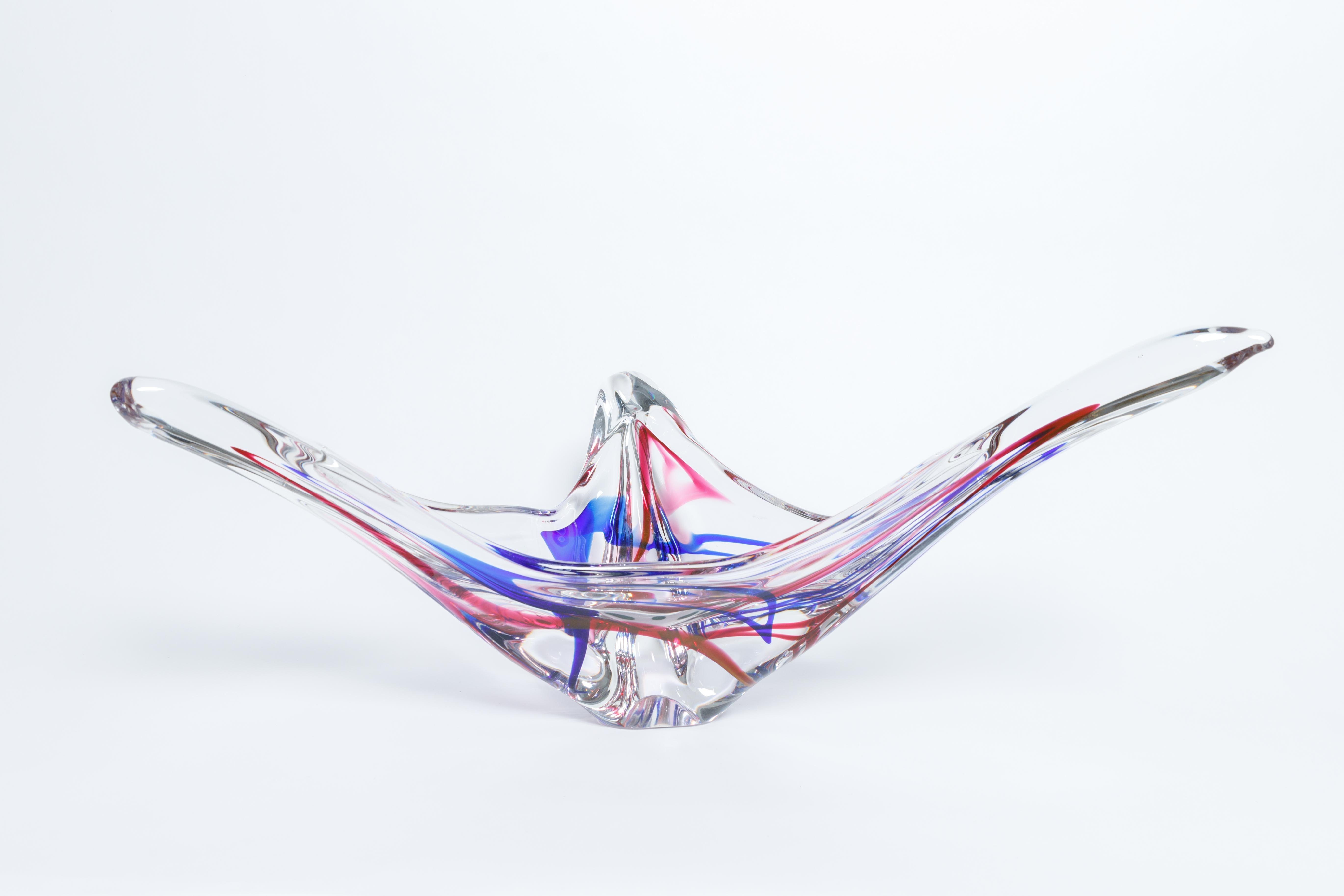 Italian Abstract Murano Glass Blow, Clear with Red and Blue For Sale
