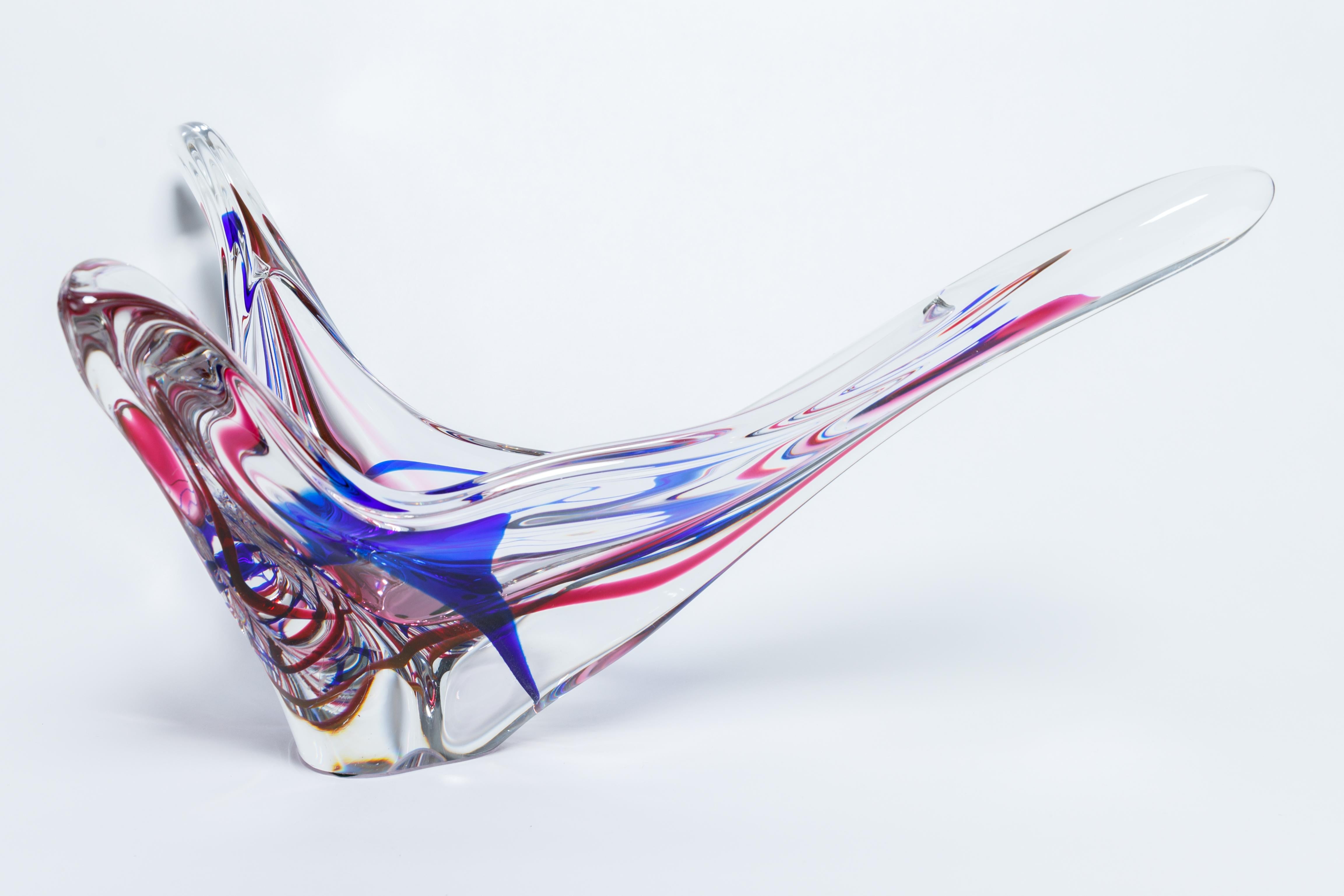 20th Century Abstract Murano Glass Blow, Clear with Red and Blue For Sale