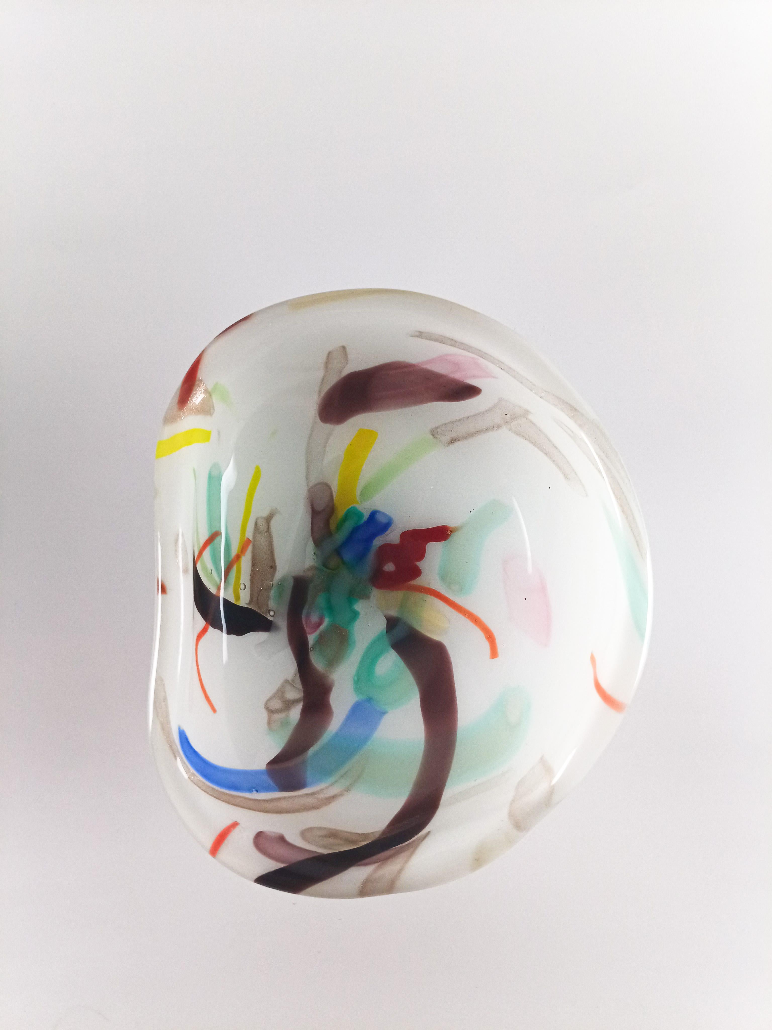 Abstract Murano Glass Bowl in White Lattimo with Colourful Canes, Italy, 1960s For Sale 3