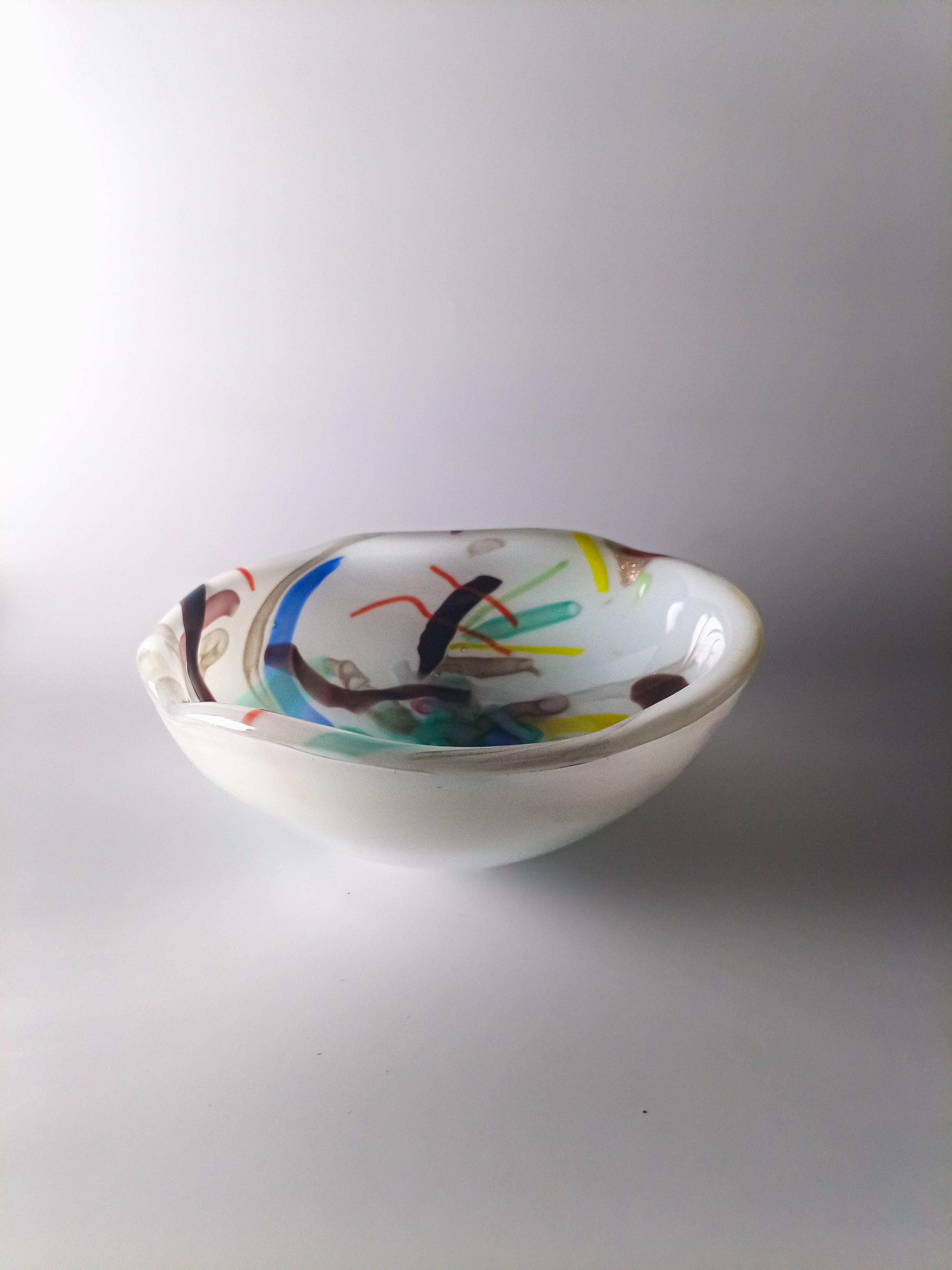 Italian Abstract Murano Glass Bowl in White Lattimo with Colourful Canes, Italy, 1960s For Sale