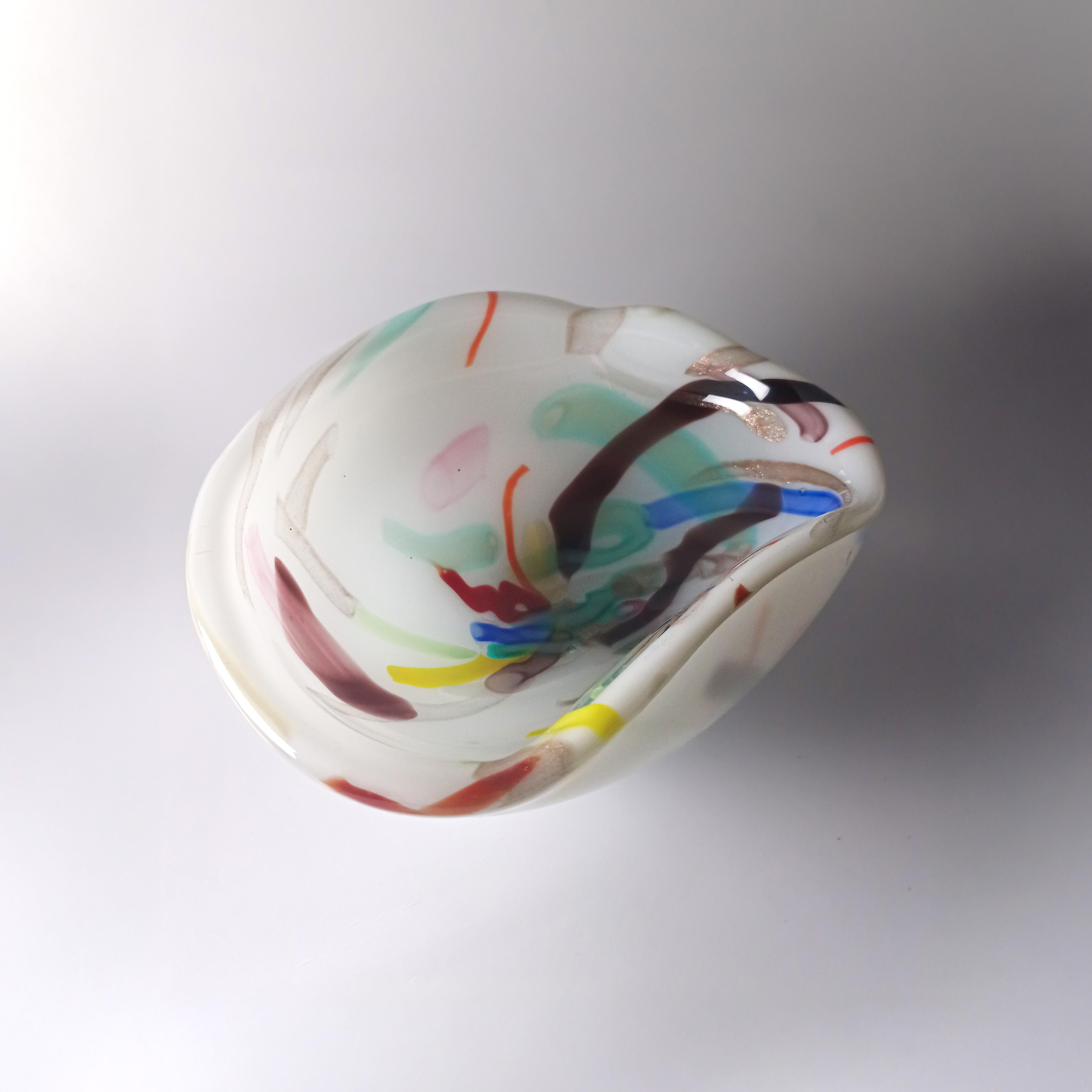 Hand-Crafted Abstract Murano Glass Bowl in White Lattimo with Colourful Canes, Italy, 1960s For Sale
