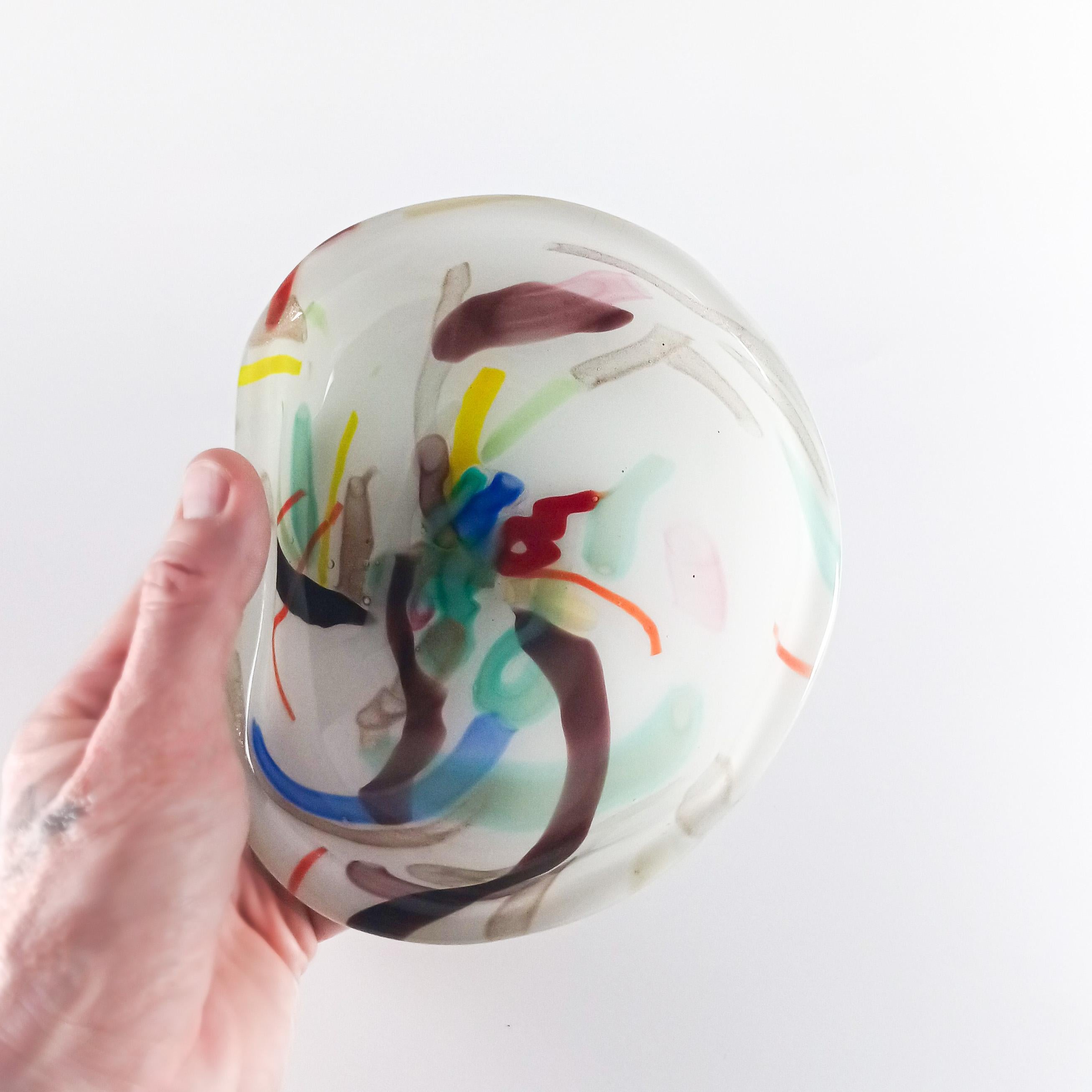 20th Century Abstract Murano Glass Bowl in White Lattimo with Colourful Canes, Italy, 1960s For Sale