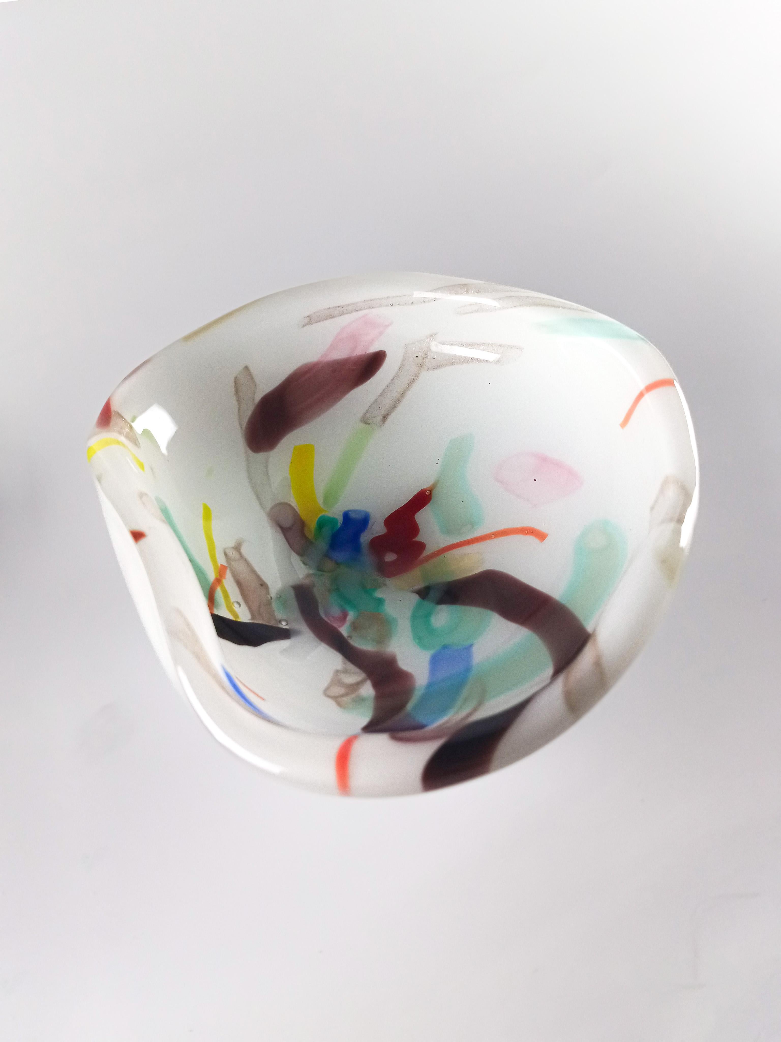 Abstract Murano Glass Bowl in White Lattimo with Colourful Canes, Italy, 1960s For Sale 1