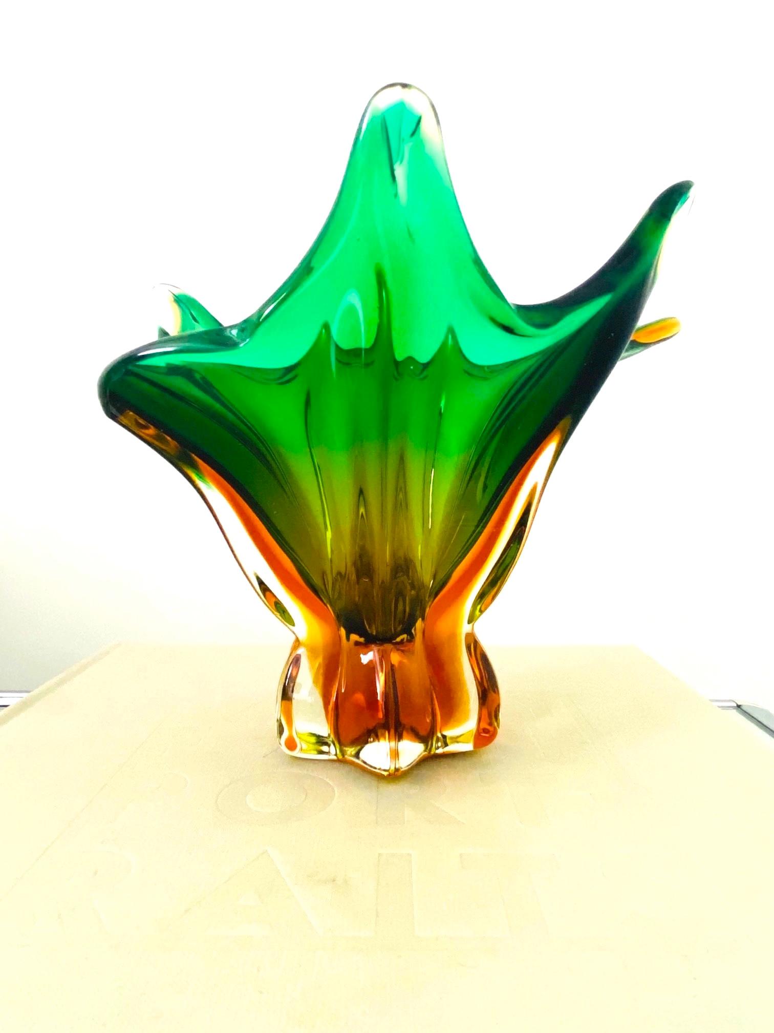 Abstract Murano Sommerso Vase or Bowl in Emerald Green & Orange, Italy, c. 1950 5