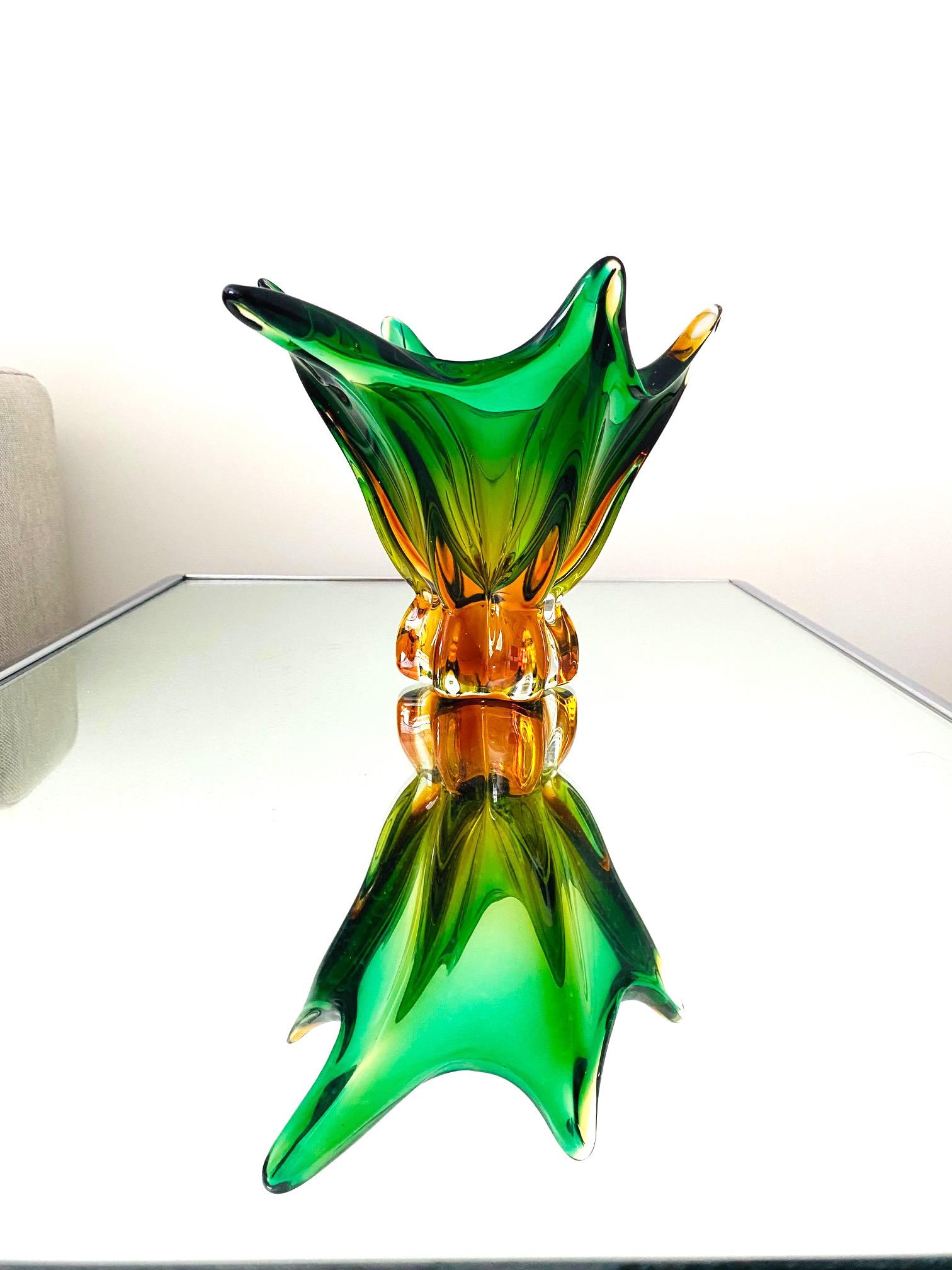 Mid-Century Modern Abstract Murano Sommerso Vase or Bowl in Emerald Green & Orange, Italy, c. 1950