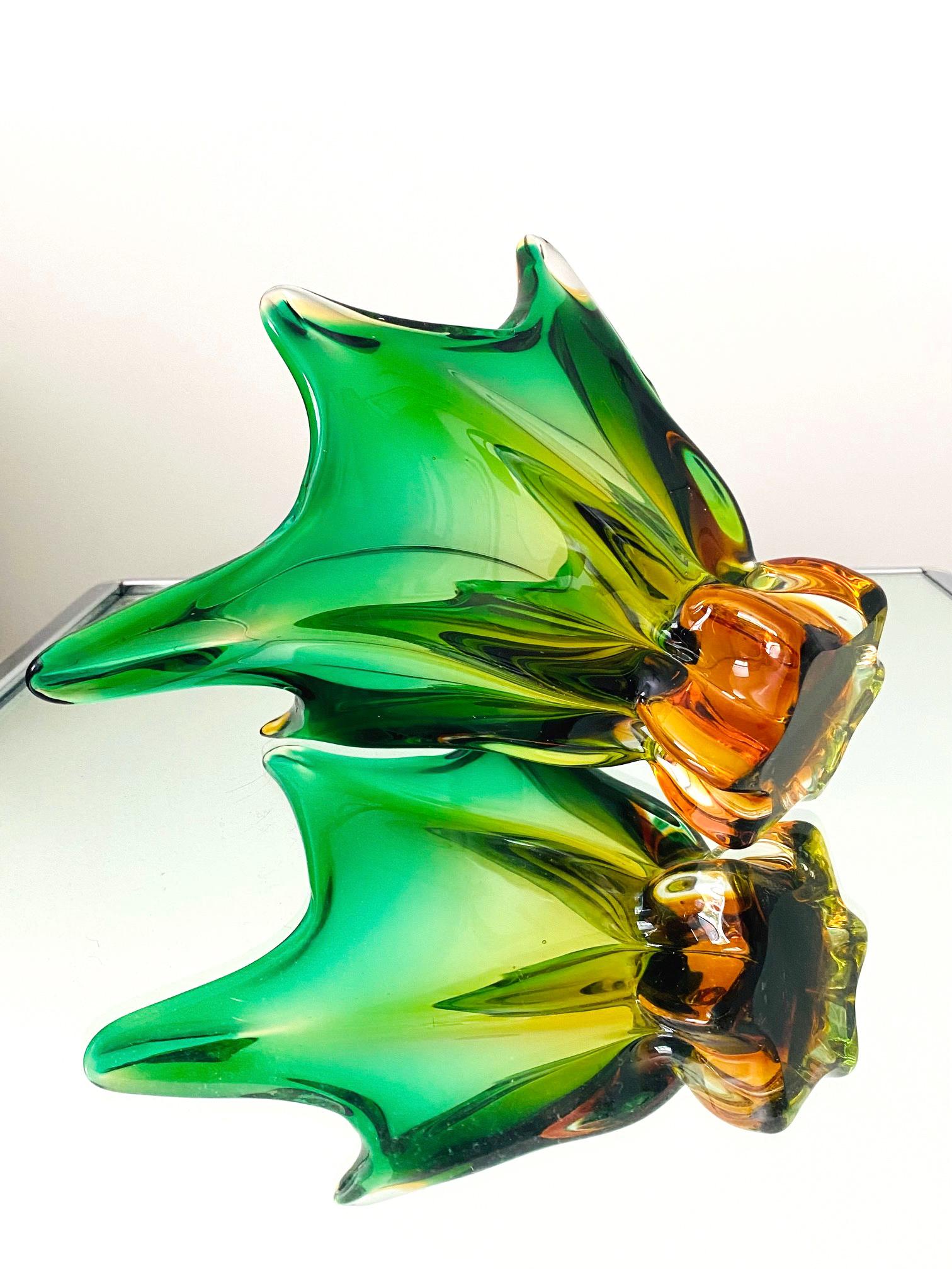 Italian Abstract Murano Sommerso Vase or Bowl in Emerald Green & Orange, Italy, c. 1950