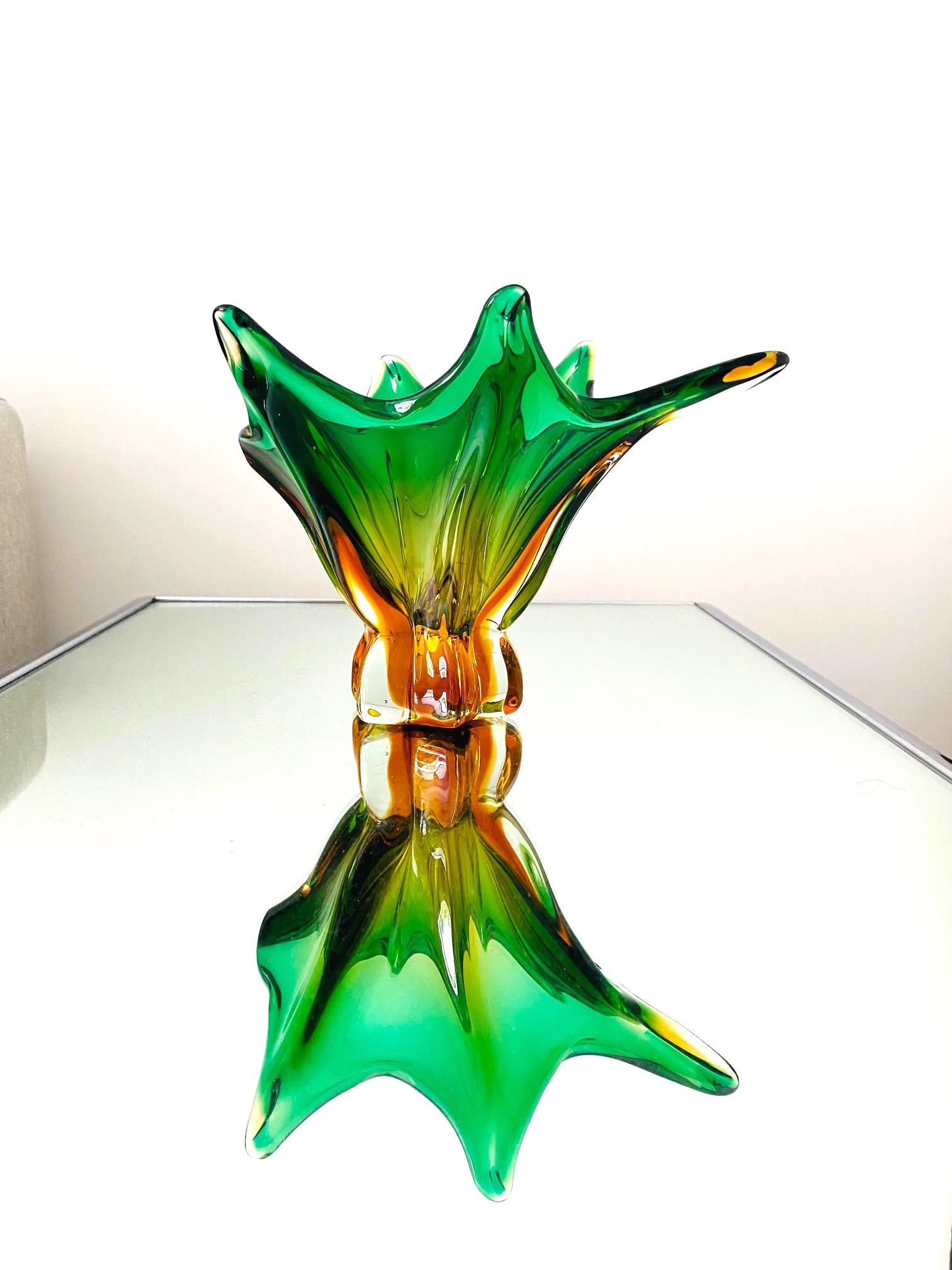 Hand-Crafted Abstract Murano Sommerso Vase or Bowl in Emerald Green & Orange, Italy, c. 1950