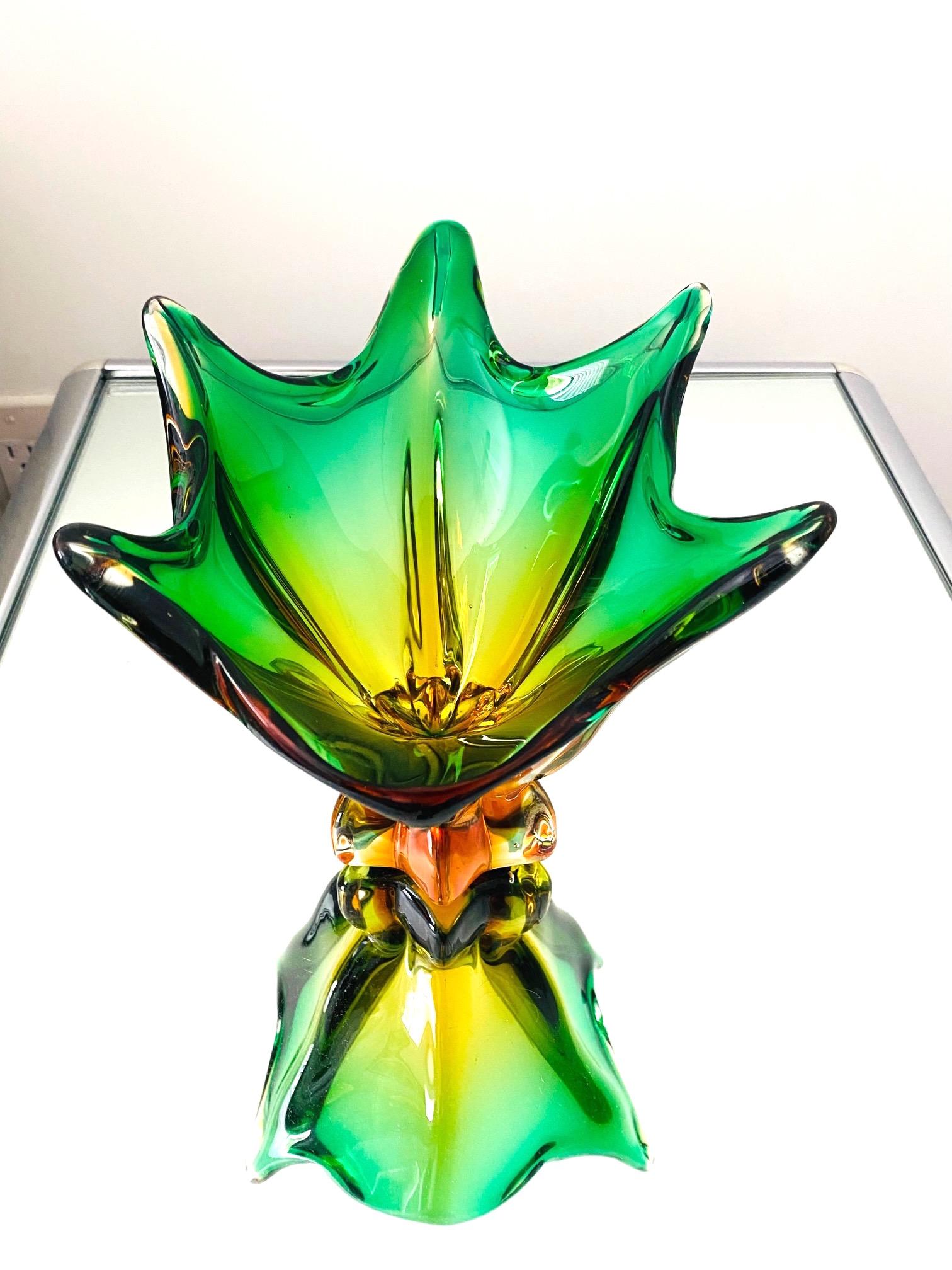 Mid-20th Century Abstract Murano Sommerso Vase or Bowl in Emerald Green & Orange, Italy, c. 1950