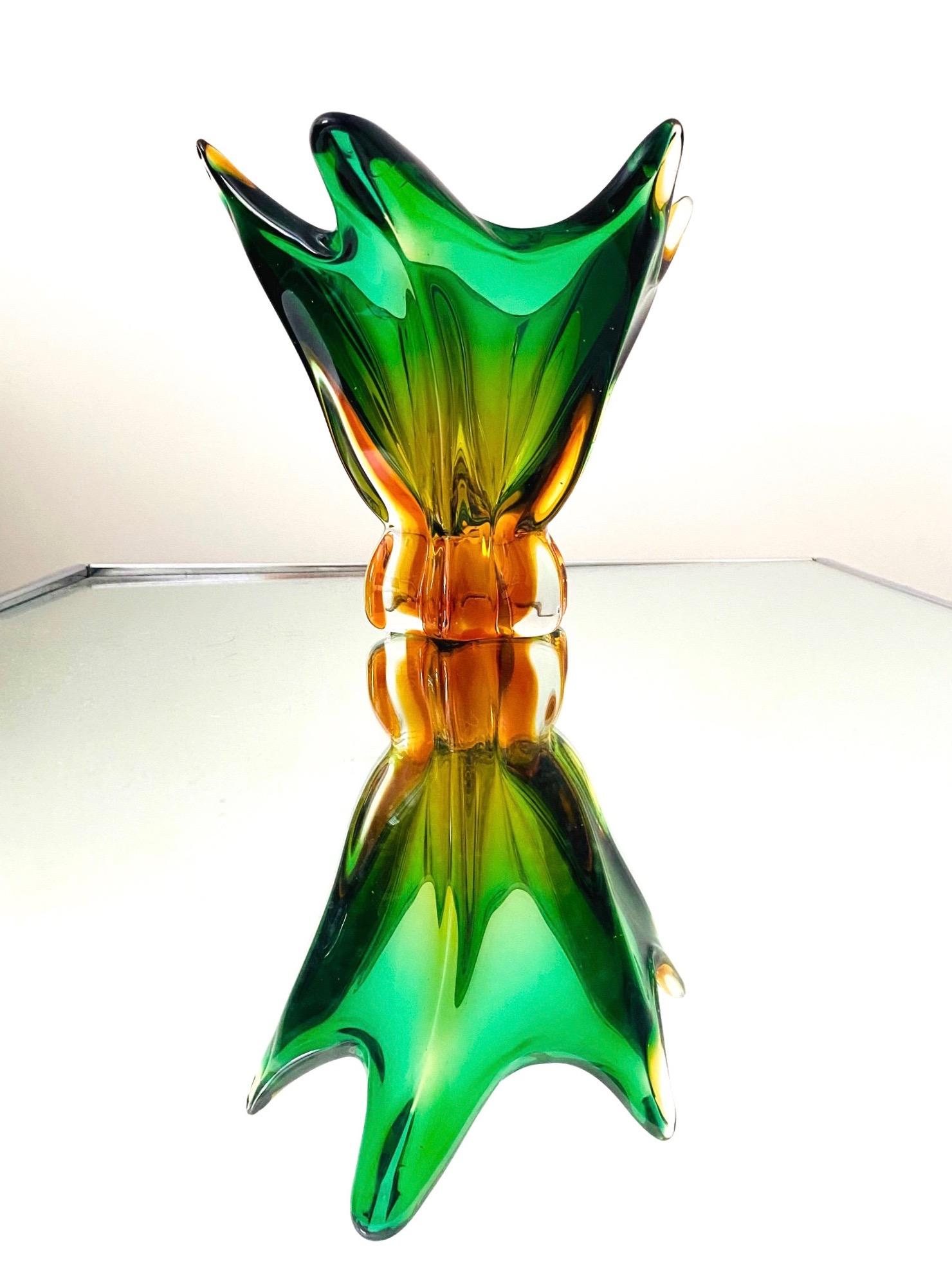 Art Glass Abstract Murano Sommerso Vase or Bowl in Emerald Green & Orange, Italy, c. 1950